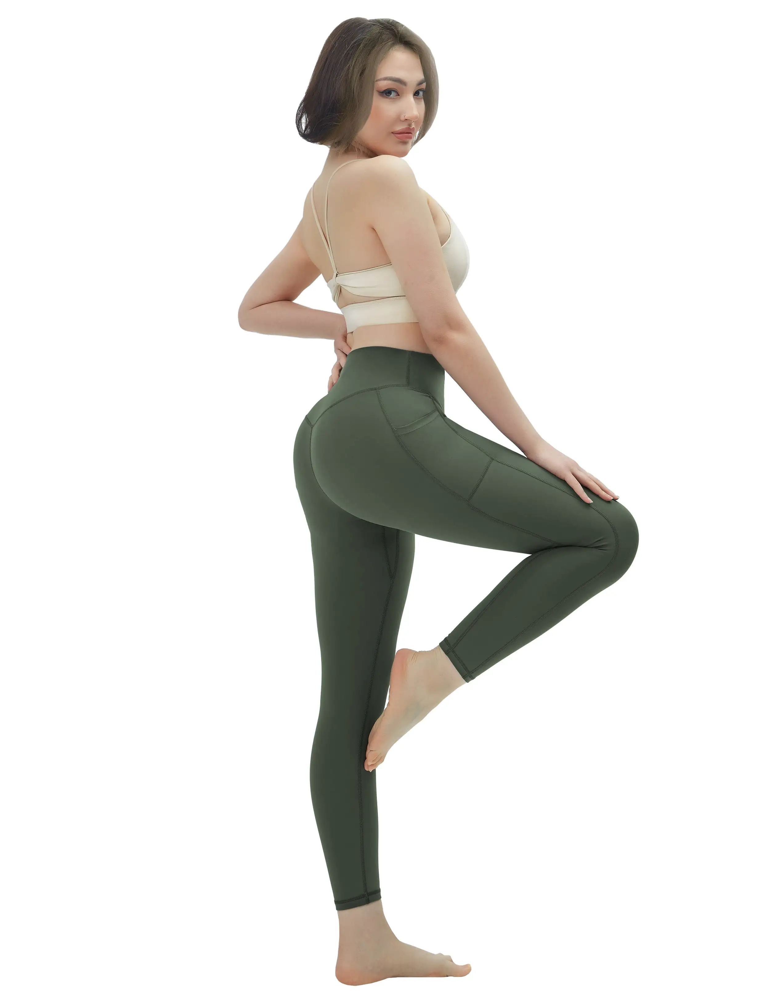 High Waisted yogastudio Pants 7/8 Length Leggings with Pockets olivegreen_yogastudio