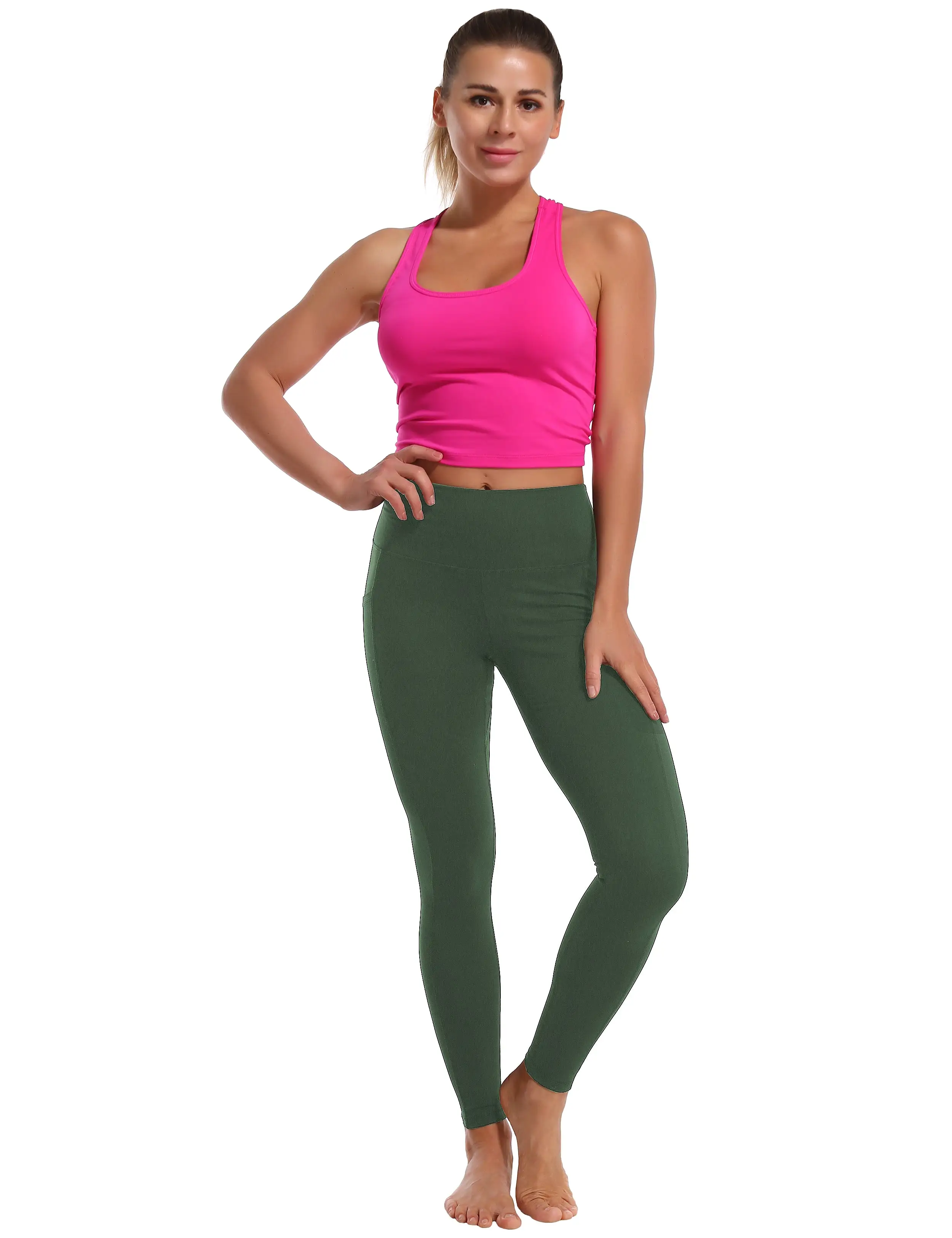 High Waisted yogastudio Pants 7/8 Length Leggings with Pockets olivegreen_yogastudio