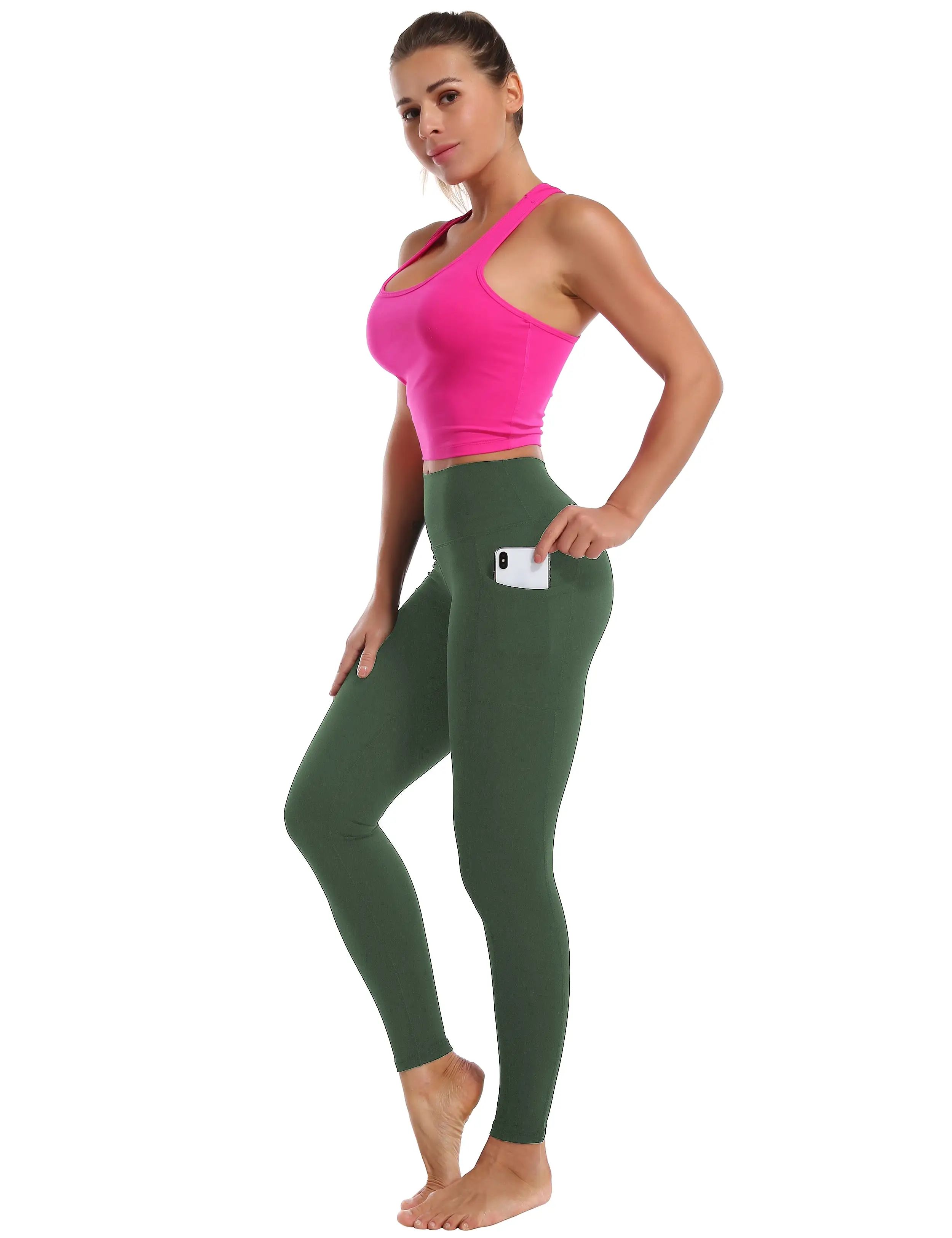 High Waisted yogastudio Pants 7/8 Length Leggings with Pockets olivegreen_yogastudio