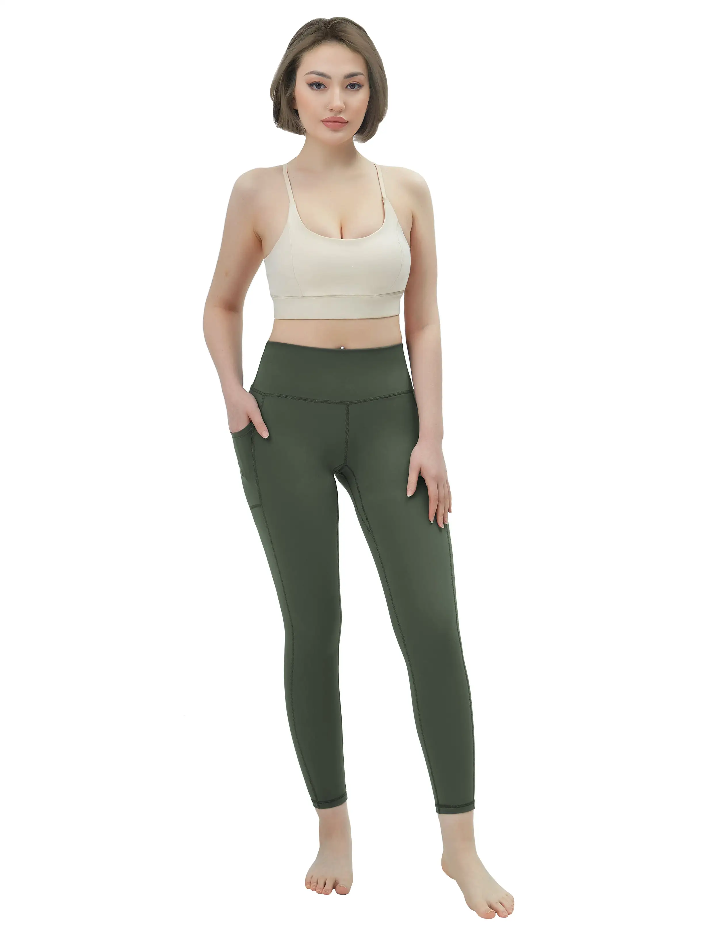 High Waisted yogastudio Pants 7/8 Length Leggings with Pockets olivegreen_yogastudio