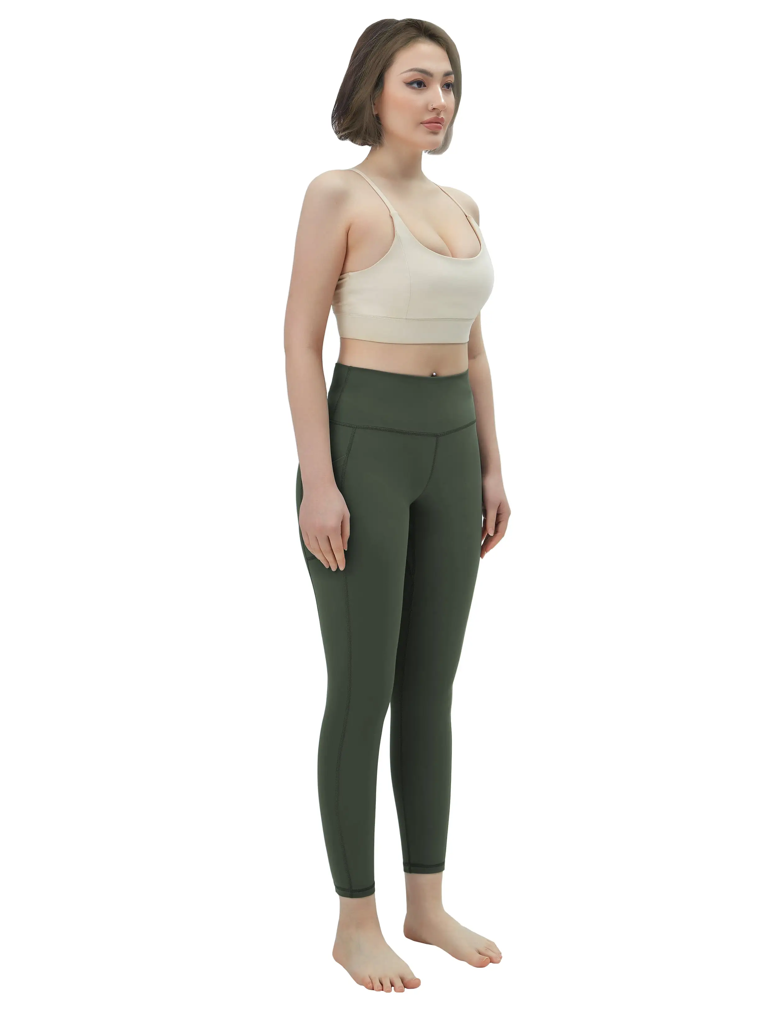 High Waisted yogastudio Pants 7/8 Length Leggings with Pockets olivegreen_yogastudio