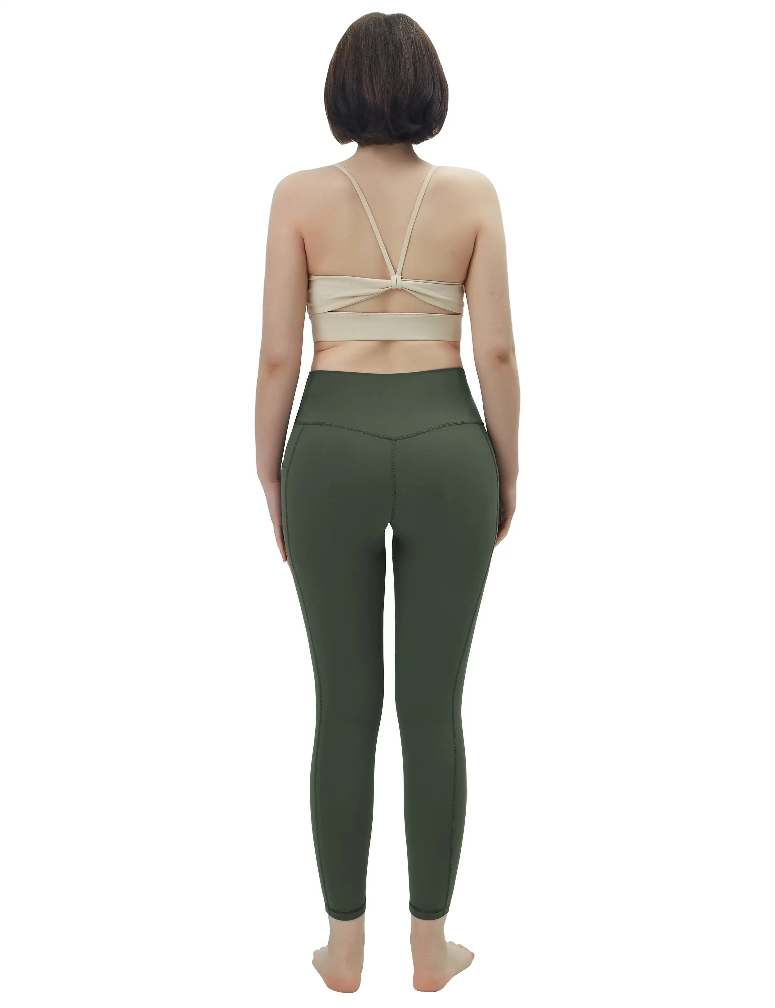 High Waisted yogastudio Pants 7/8 Length Leggings with Pockets olivegreen_yogastudio