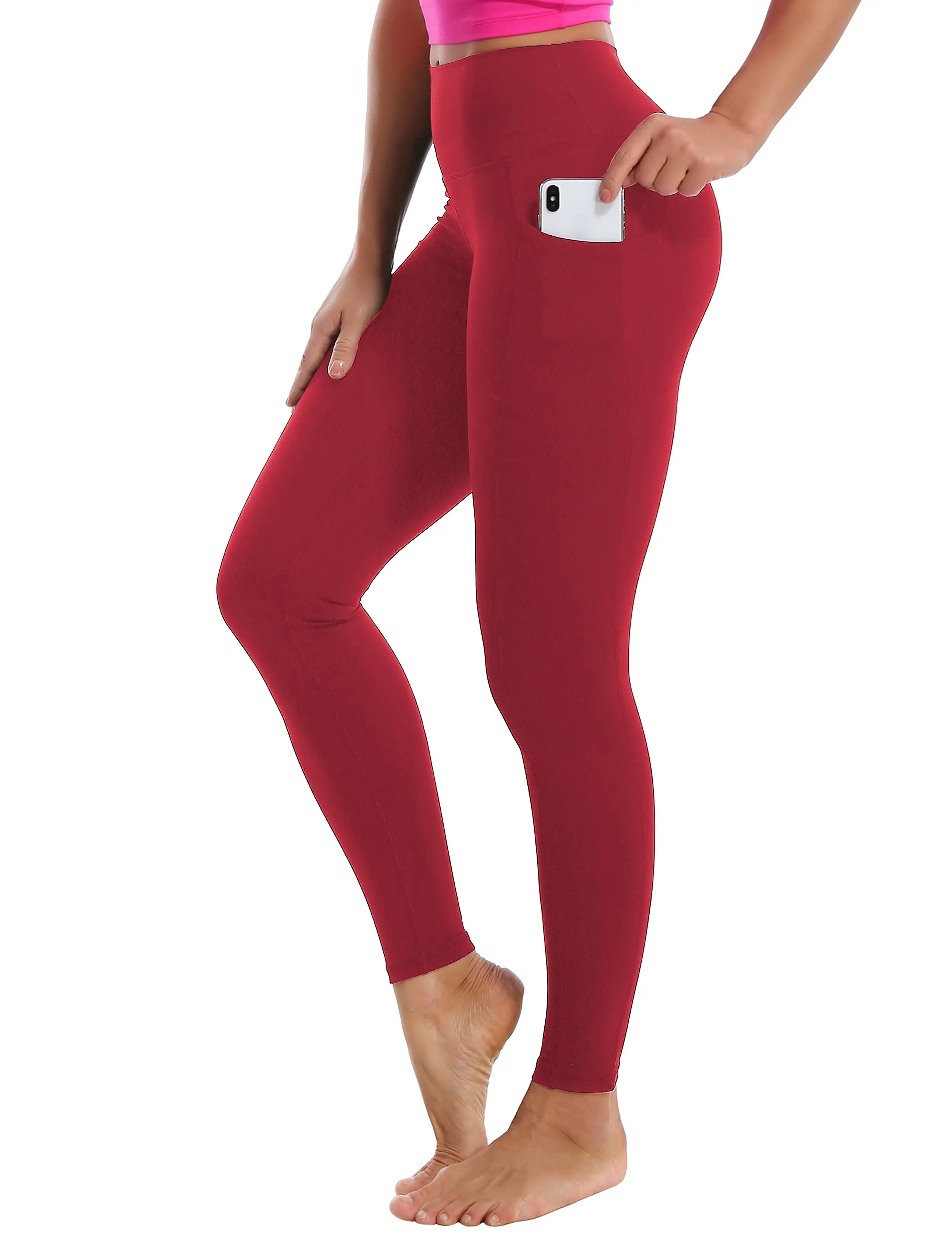 High Waisted yogastudio Pants 7/8 Length Leggings with Pockets red_yogastudio