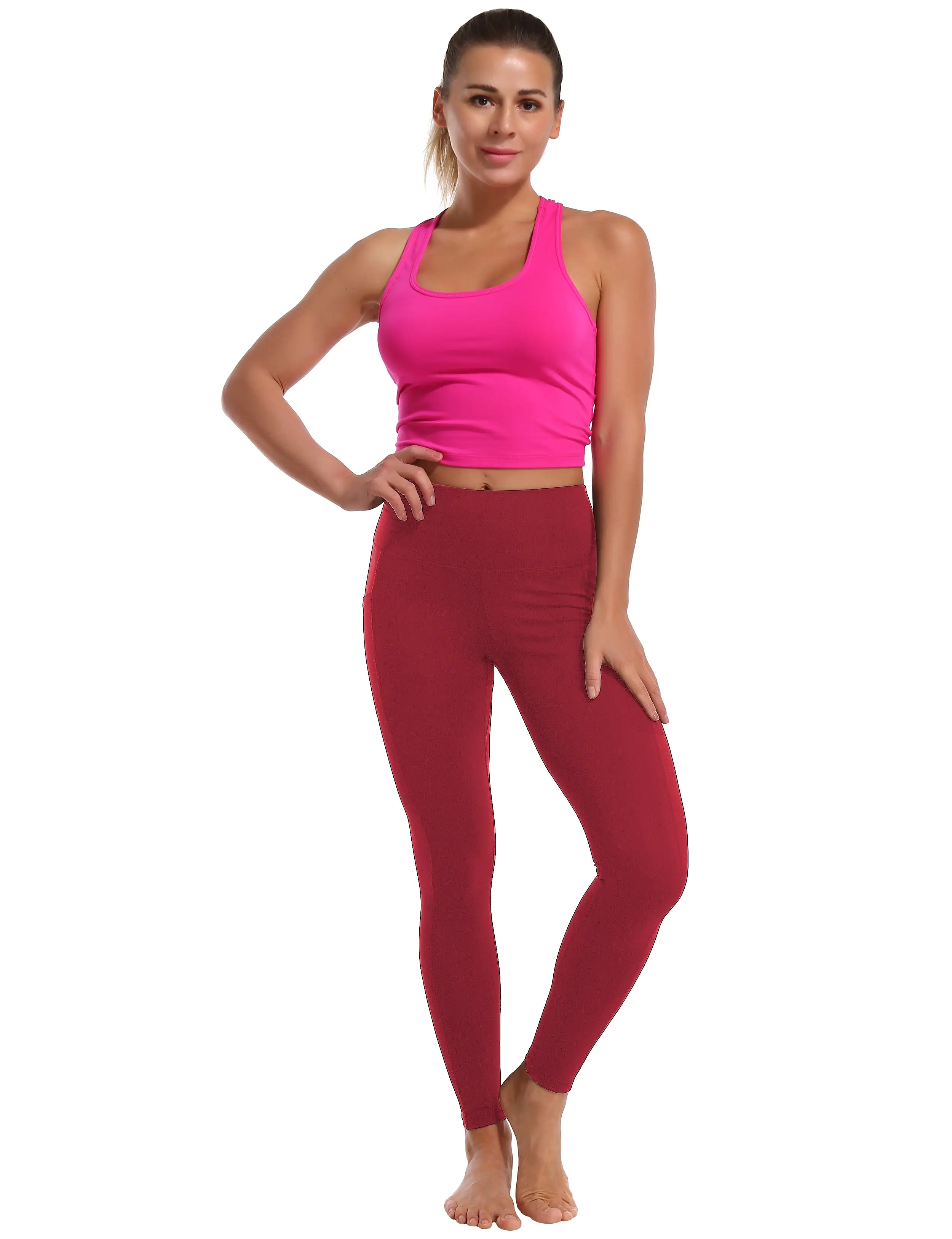 High Waisted yogastudio Pants 7/8 Length Leggings with Pockets red_yogastudio