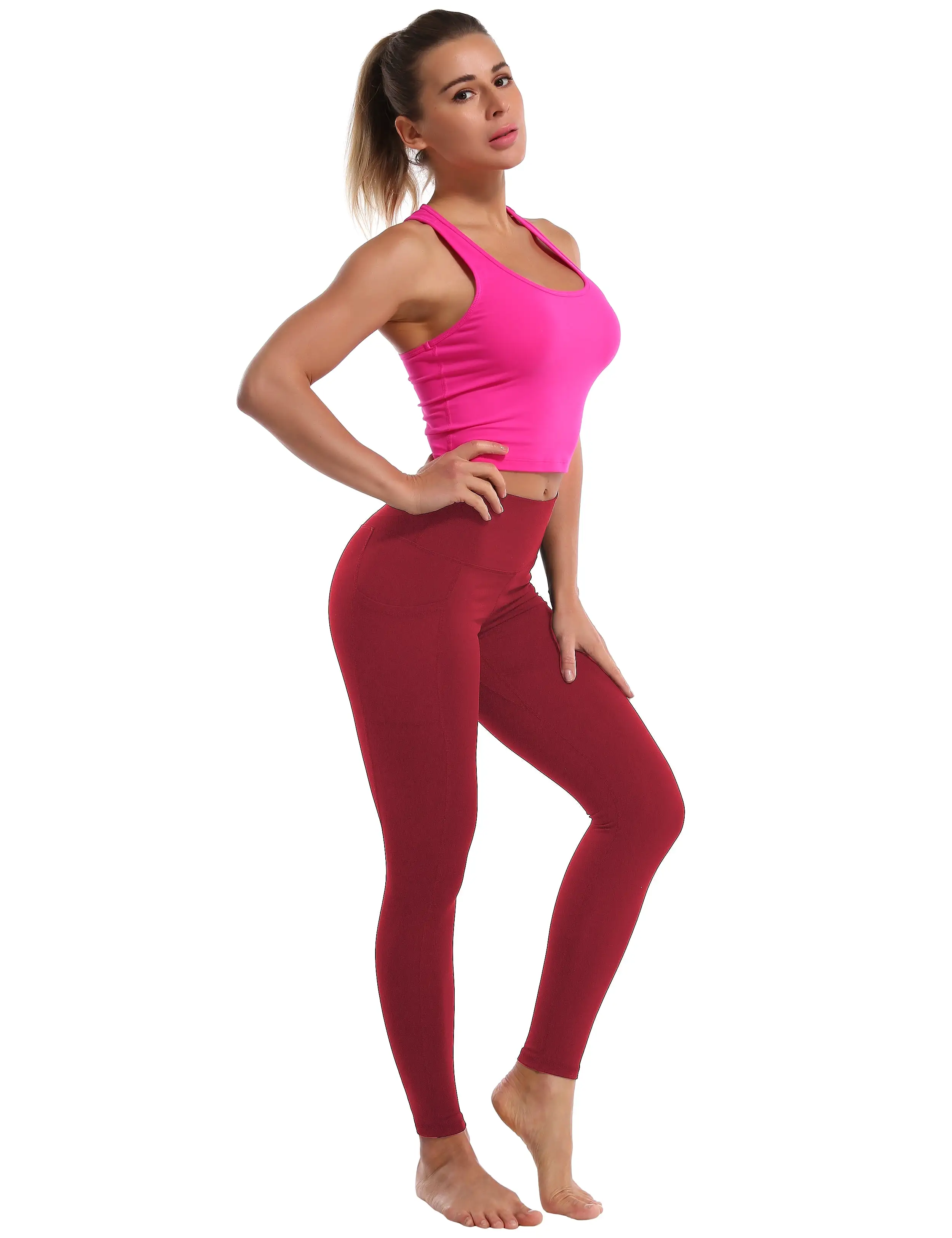 High Waisted yogastudio Pants 7/8 Length Leggings with Pockets red_yogastudio