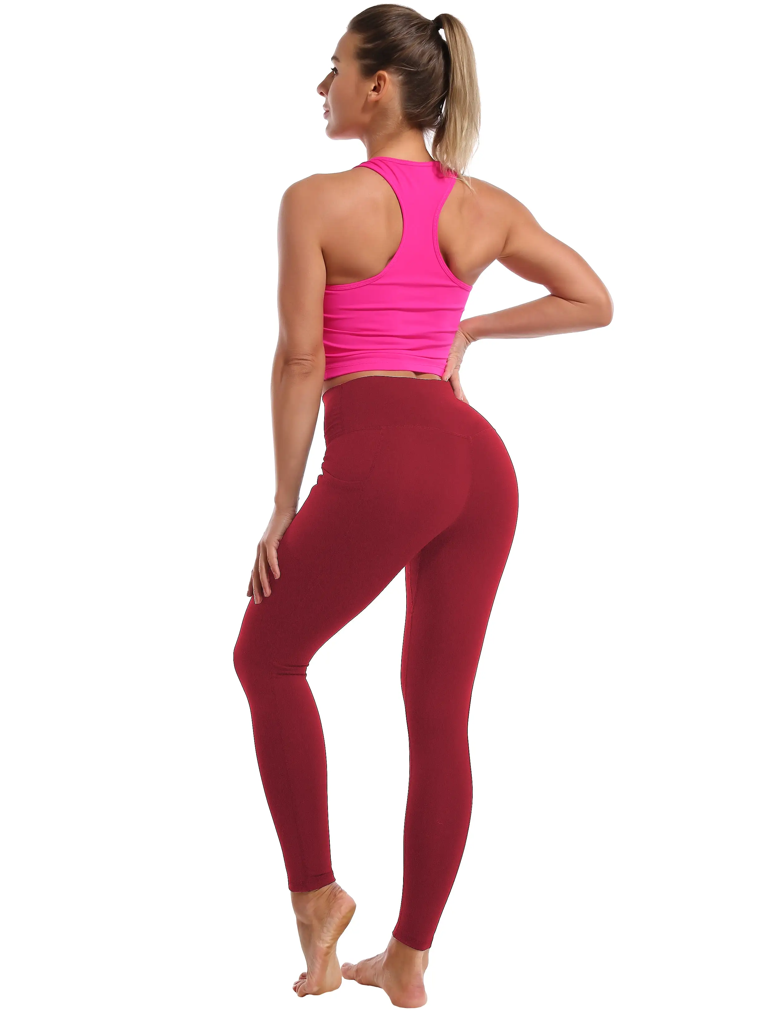 High Waisted yogastudio Pants 7/8 Length Leggings with Pockets red_yogastudio