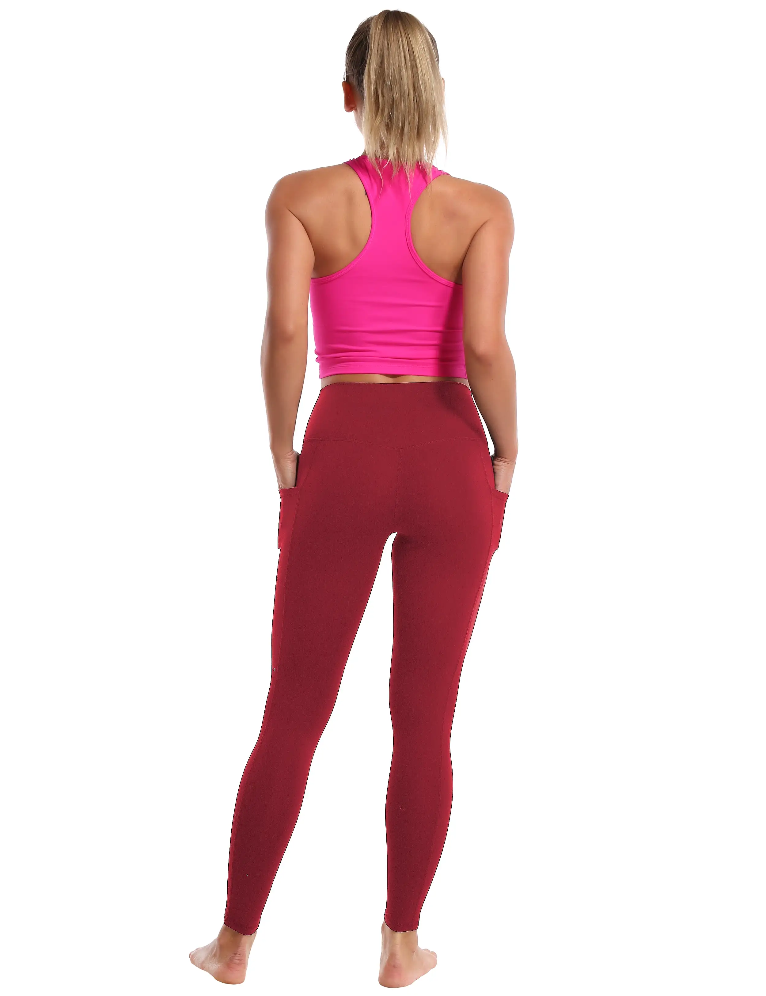 High Waisted yogastudio Pants 7/8 Length Leggings with Pockets red_yogastudio