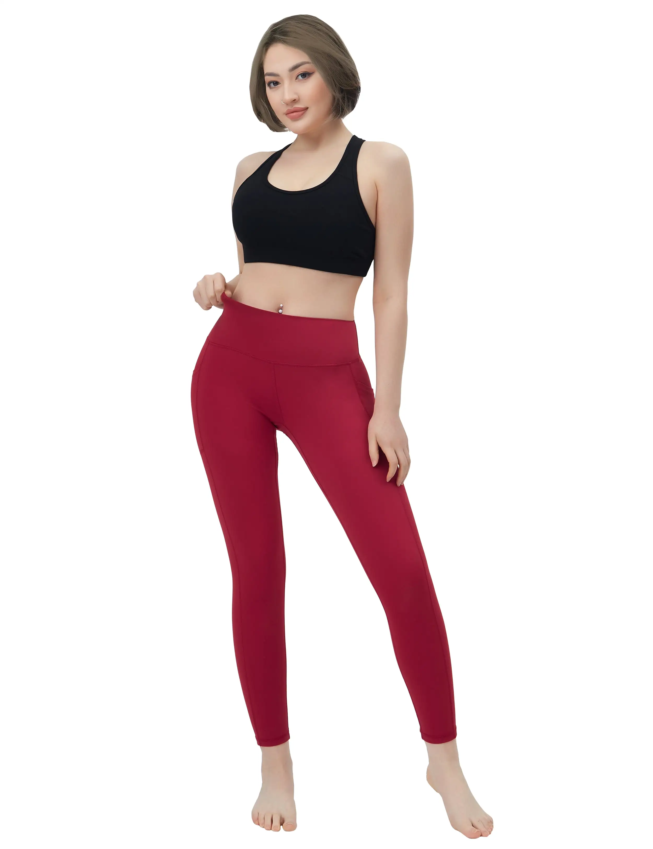 High Waisted yogastudio Pants 7/8 Length Leggings with Pockets red_yogastudio