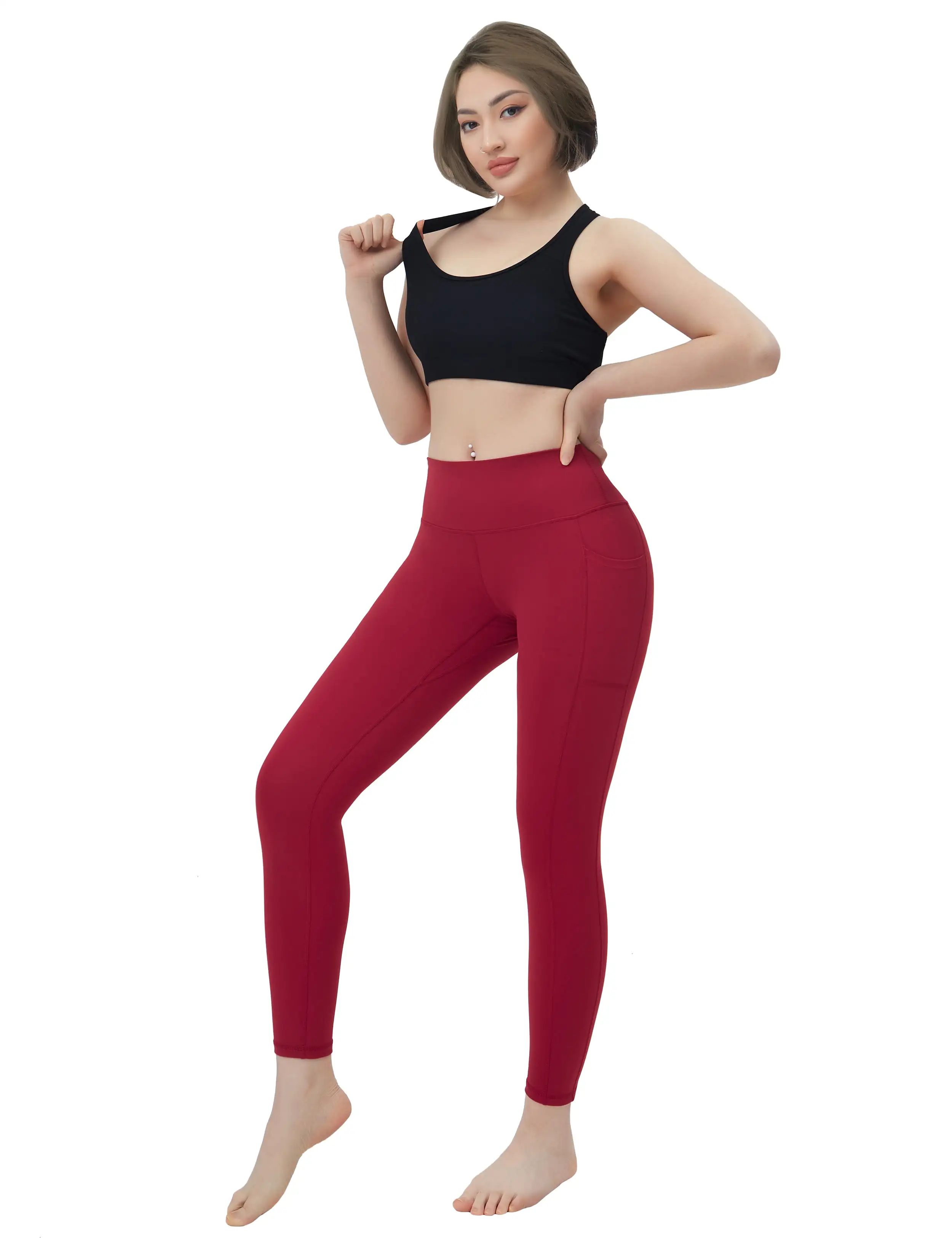 High Waisted yogastudio Pants 7/8 Length Leggings with Pockets red_yogastudio