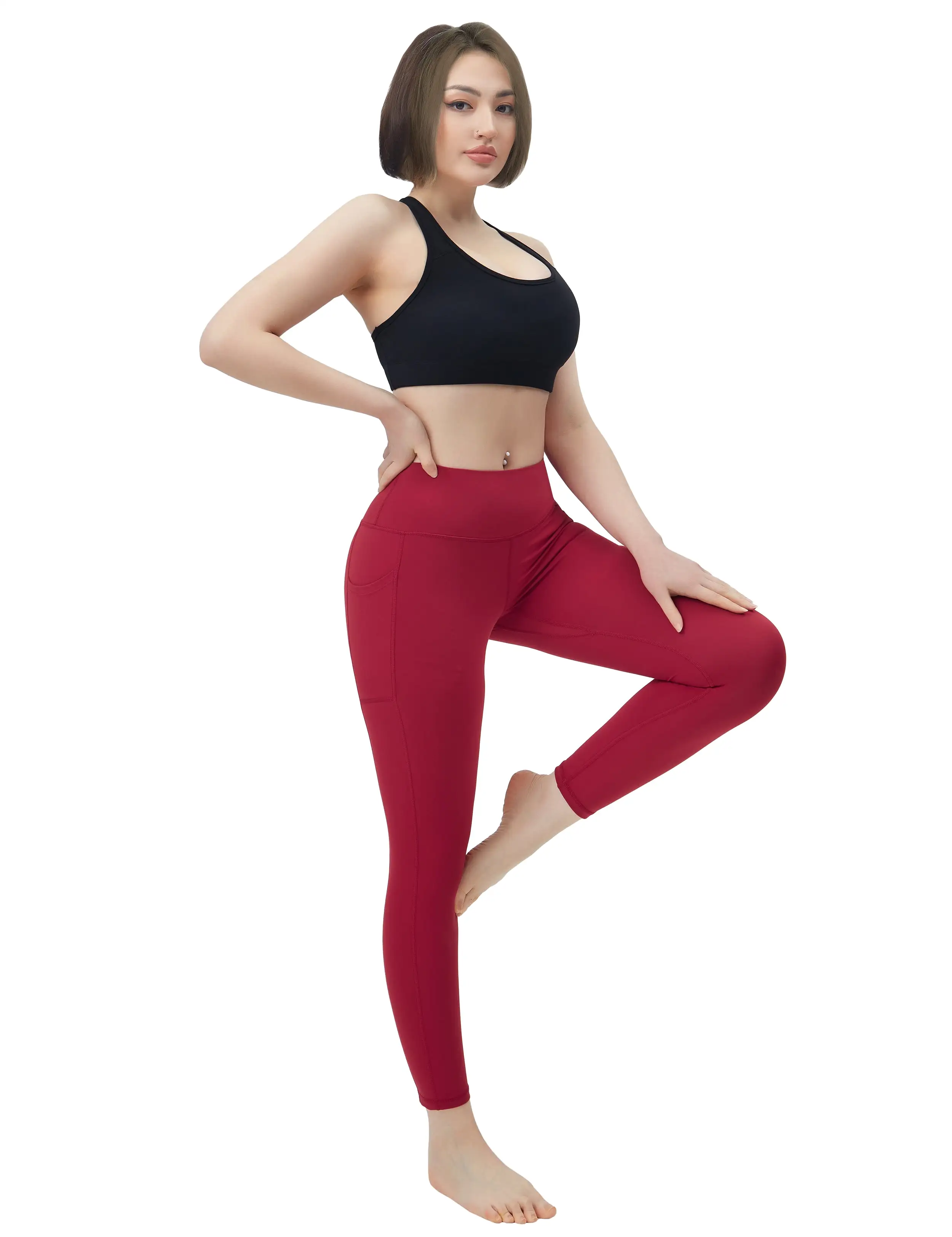 High Waisted yogastudio Pants 7/8 Length Leggings with Pockets red_yogastudio