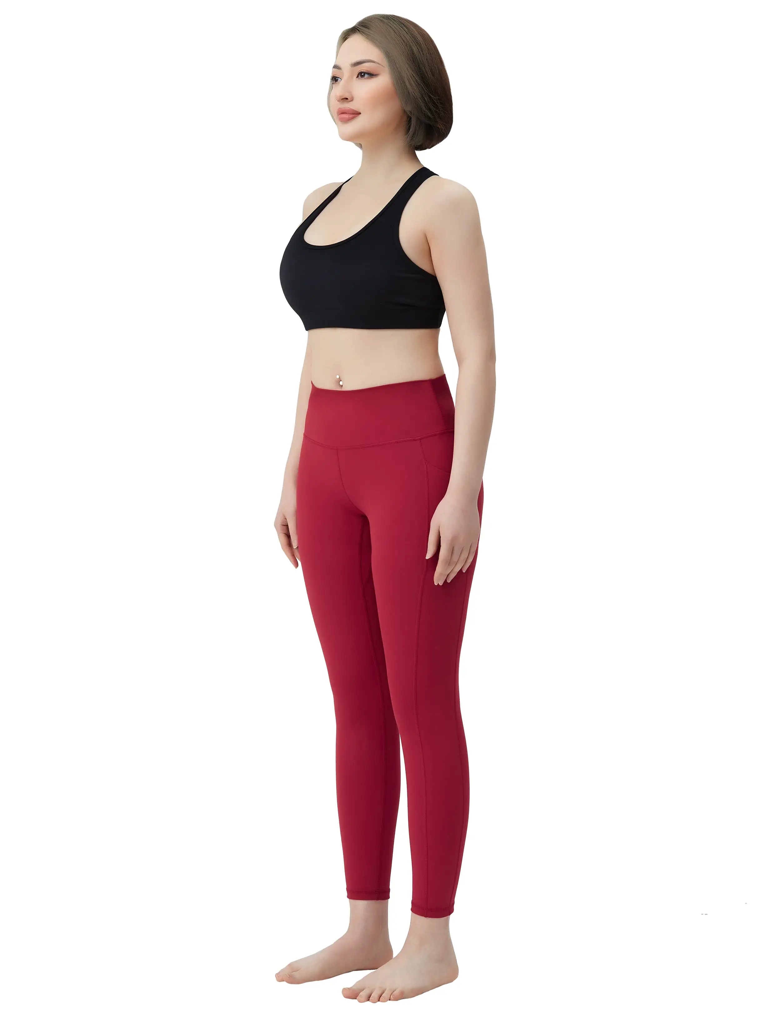 High Waisted yogastudio Pants 7/8 Length Leggings with Pockets red_yogastudio