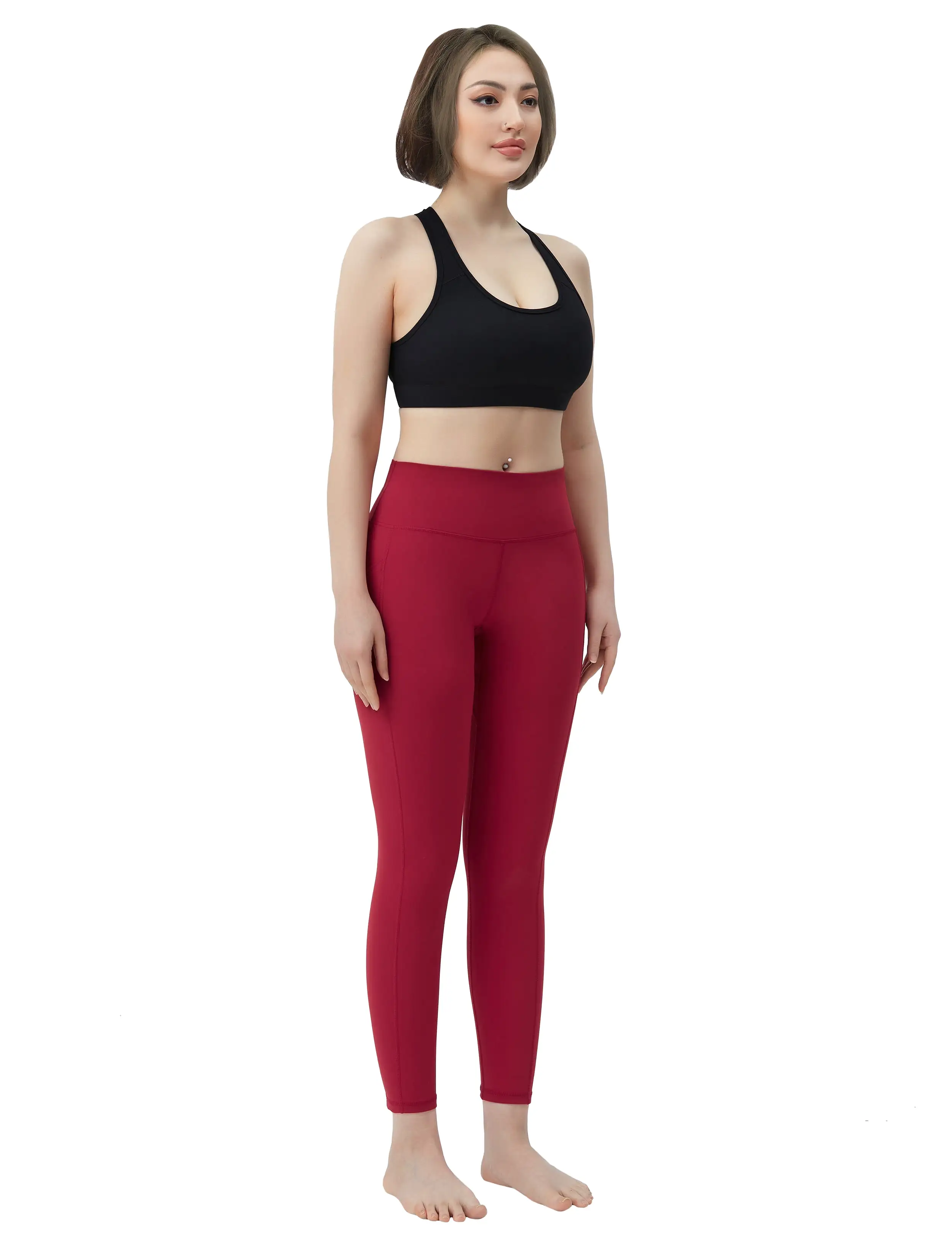 High Waisted yogastudio Pants 7/8 Length Leggings with Pockets red_yogastudio