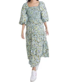 Karlie Poplin Smock Tier Dress In Blue Floral