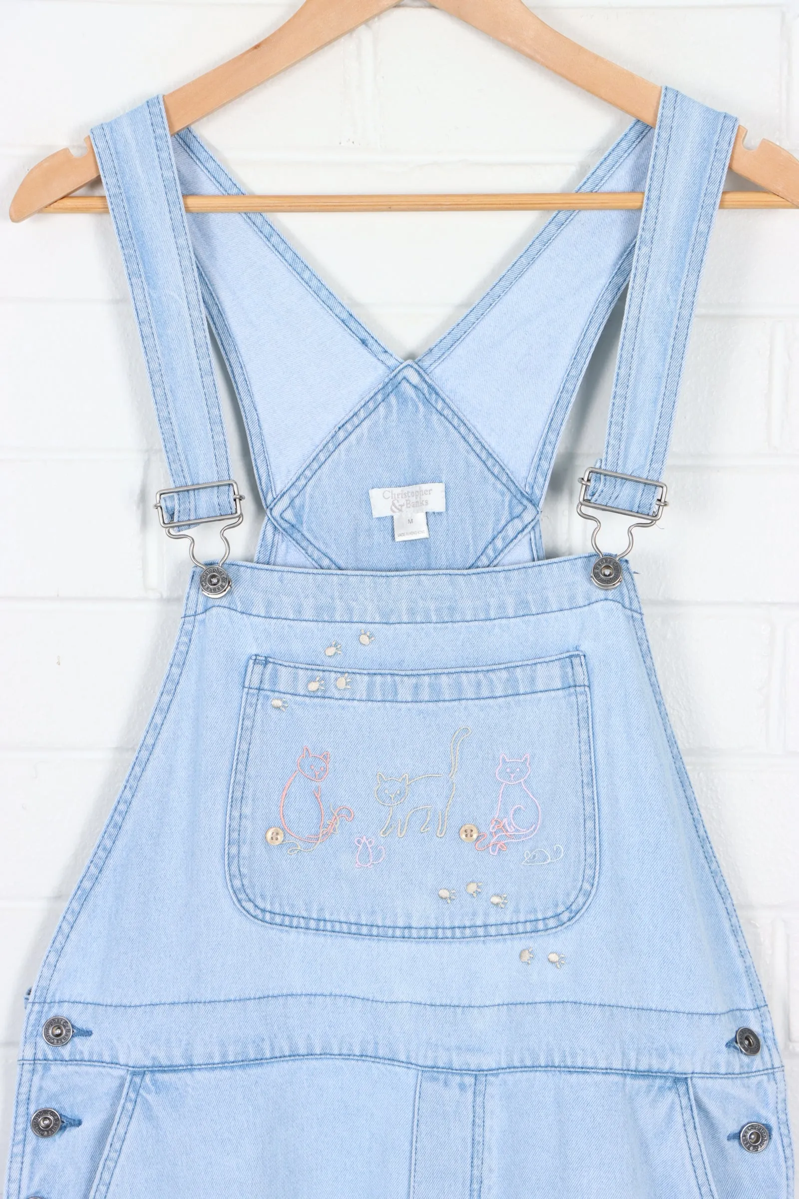 Light Blue Cat Stitched Long Denim Overalls Hong Kong Made (M)