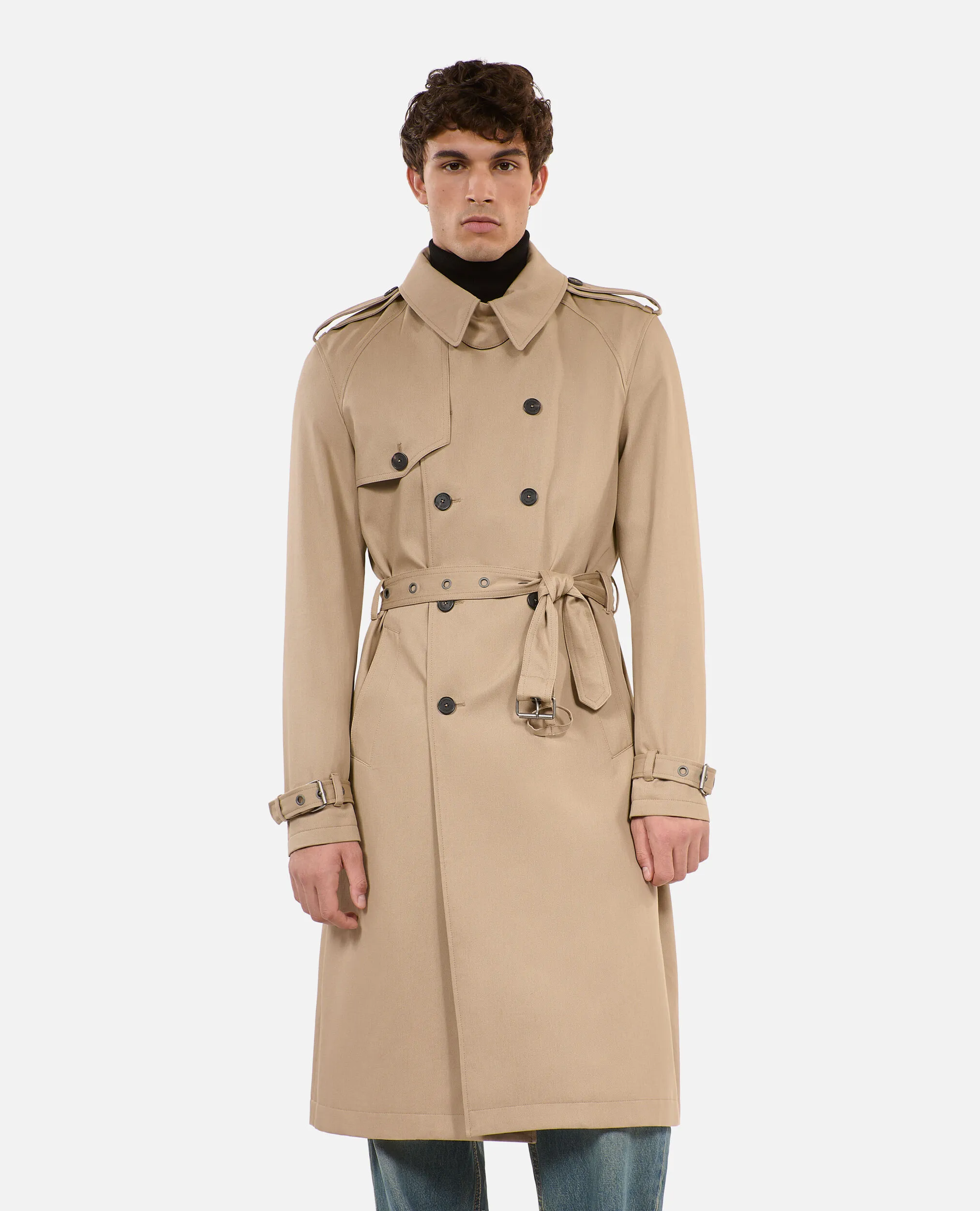 Long beige trench coat