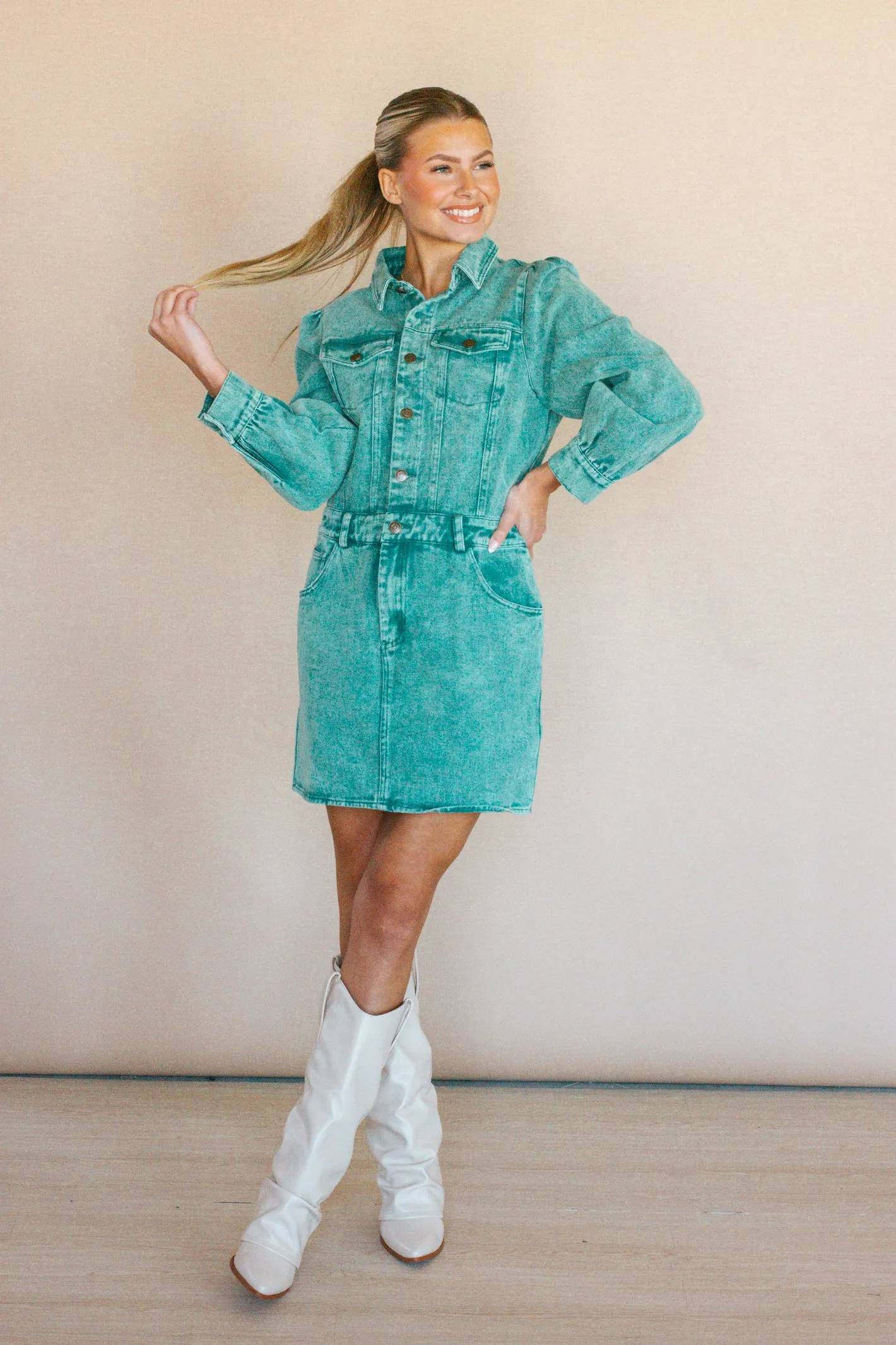 Look My Way Green Denim Dress