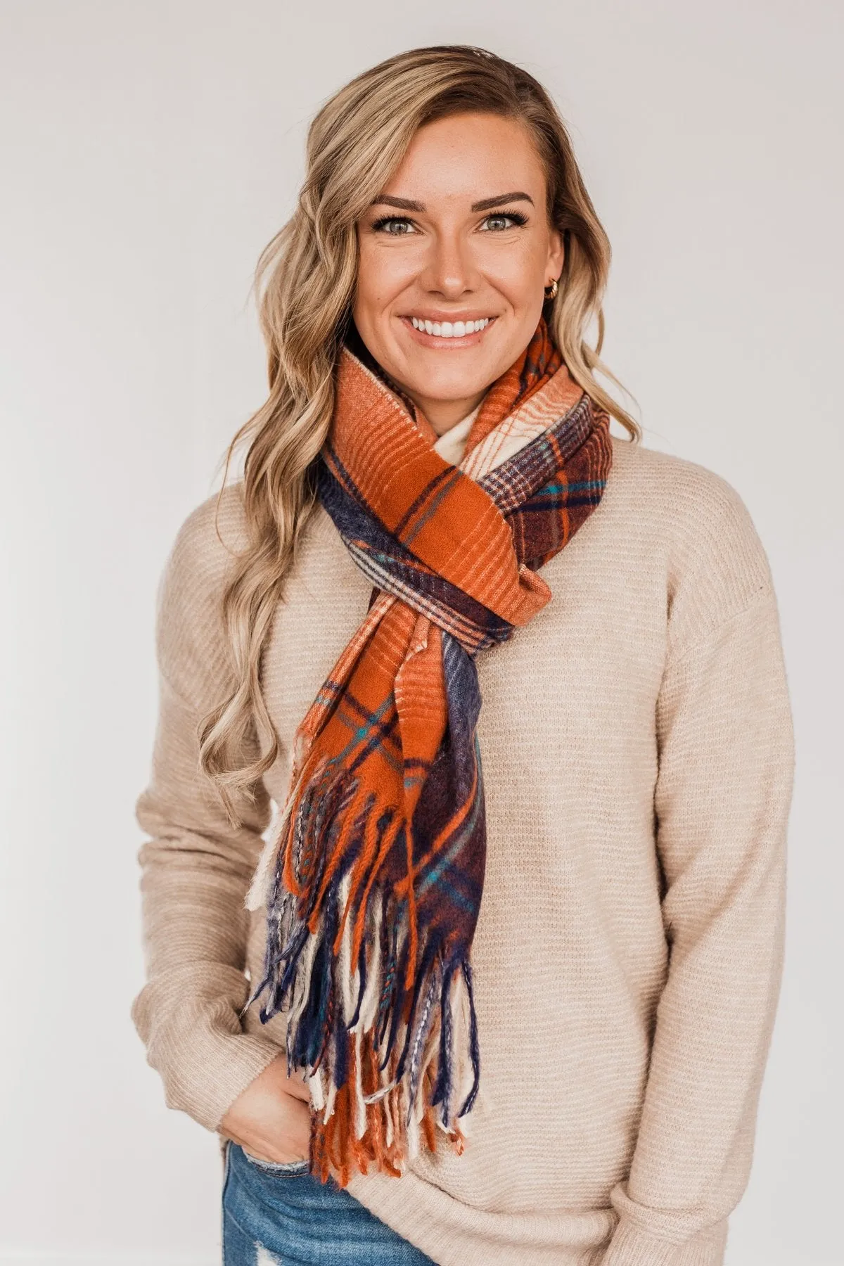 Looking Elegant Blanket Scarf- Rust & Navy