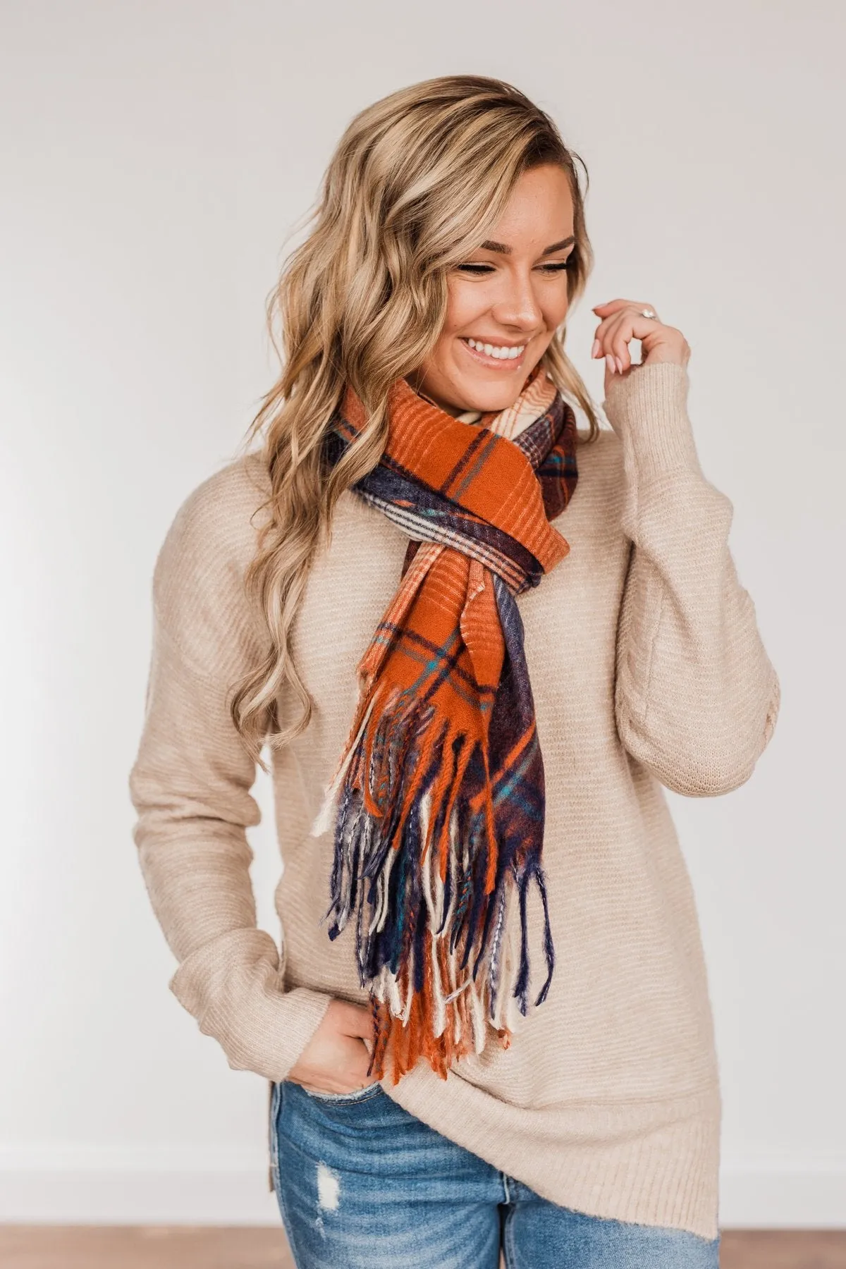 Looking Elegant Blanket Scarf- Rust & Navy