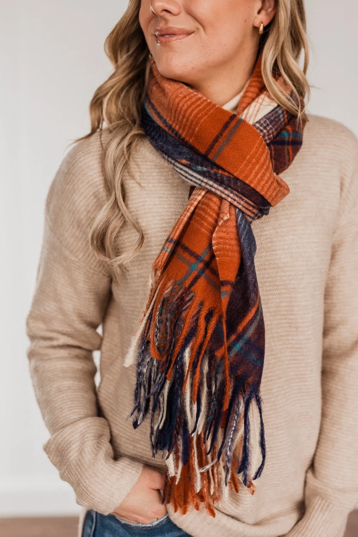 Looking Elegant Blanket Scarf- Rust & Navy