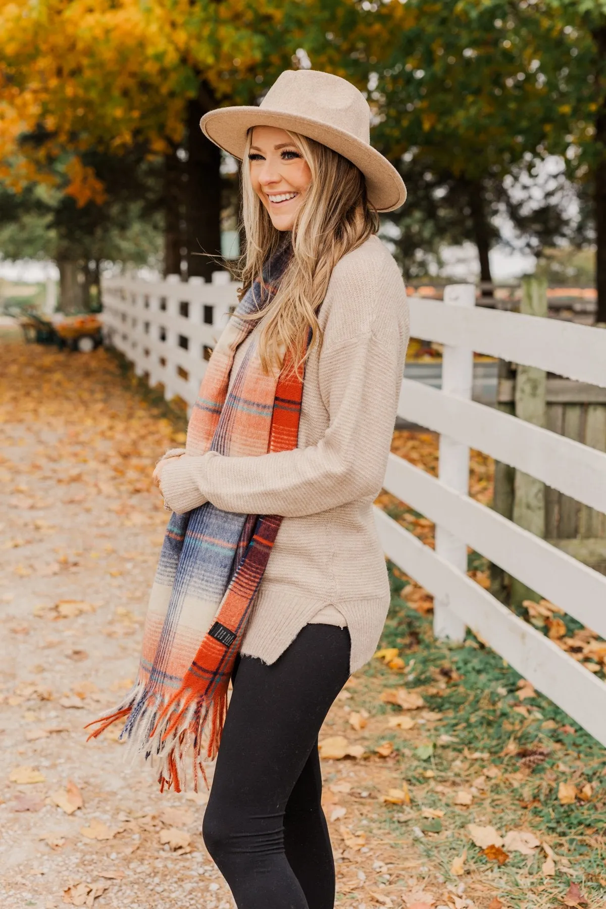 Looking Elegant Blanket Scarf- Rust & Navy