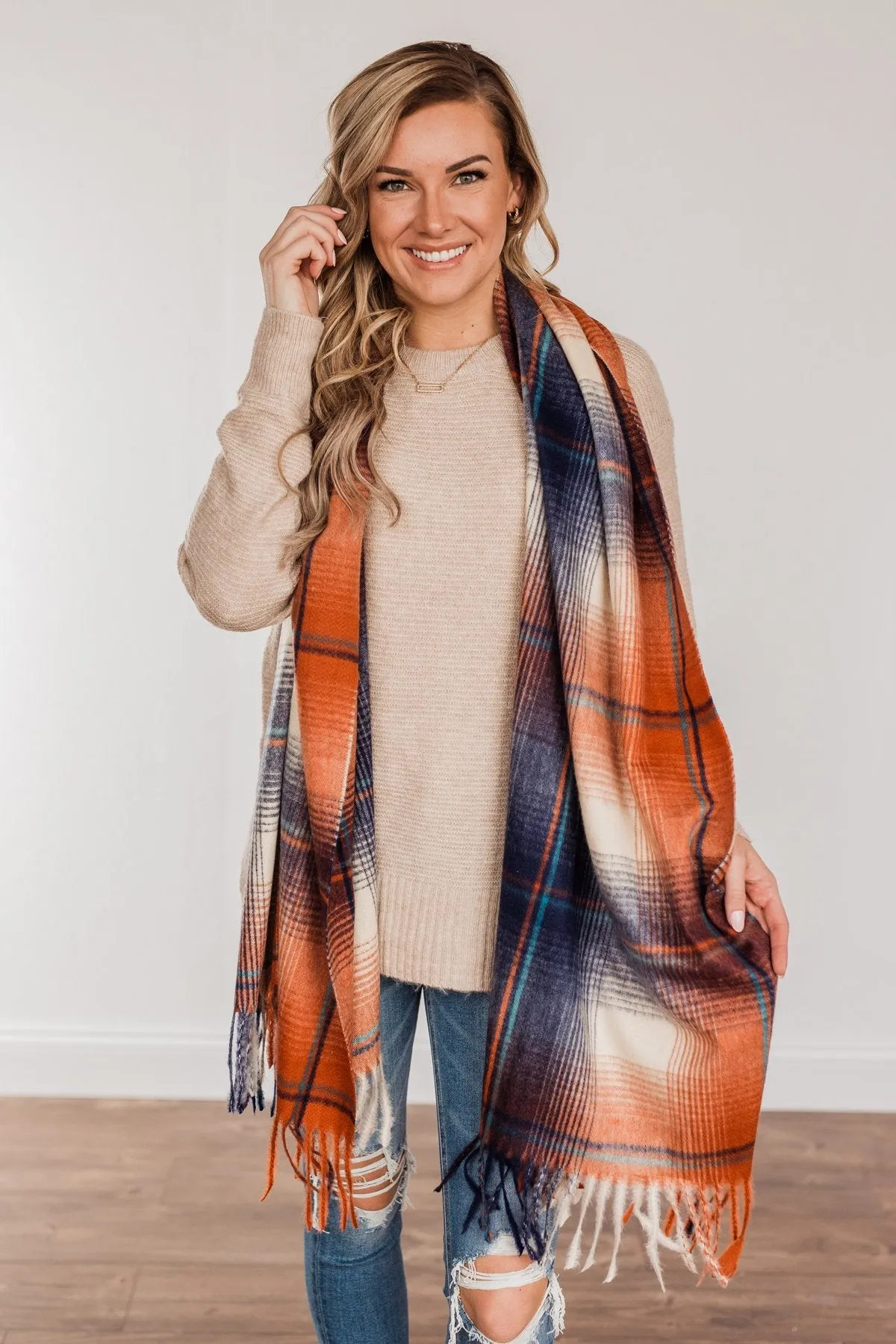 Looking Elegant Blanket Scarf- Rust & Navy