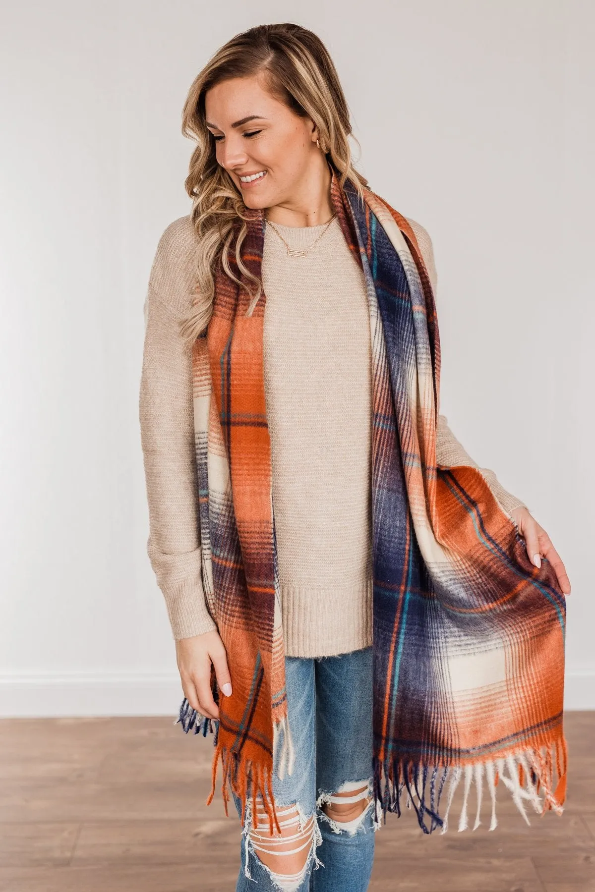 Looking Elegant Blanket Scarf- Rust & Navy