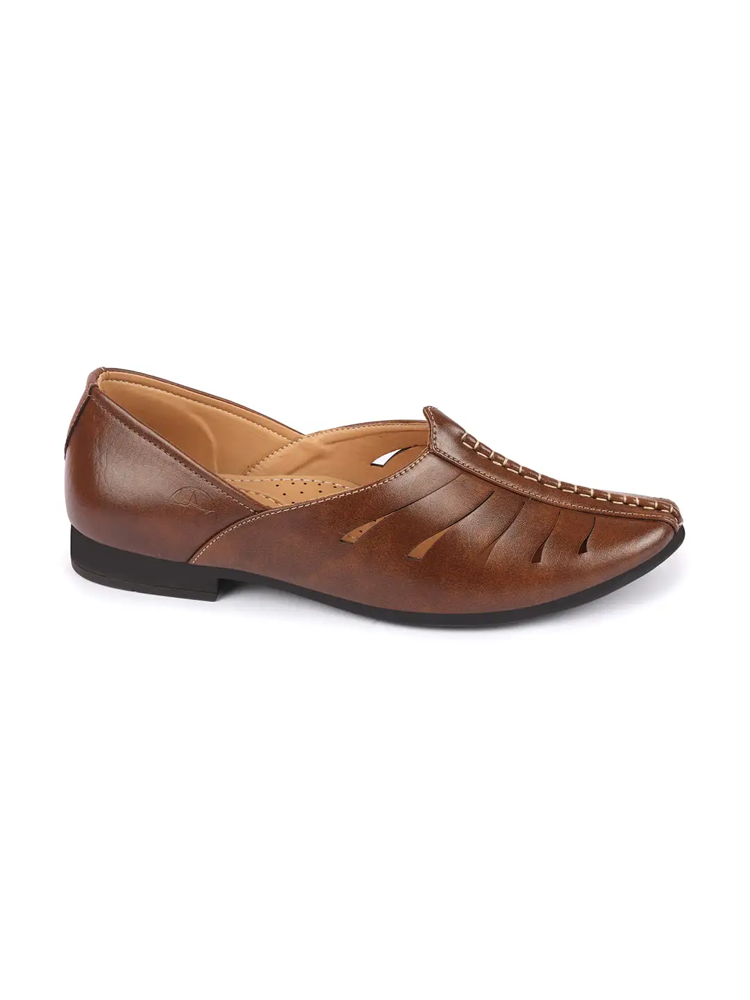 Men Brown Ethnic Wedding Party Laser Cut Design Slip On Juttis and Mojaris