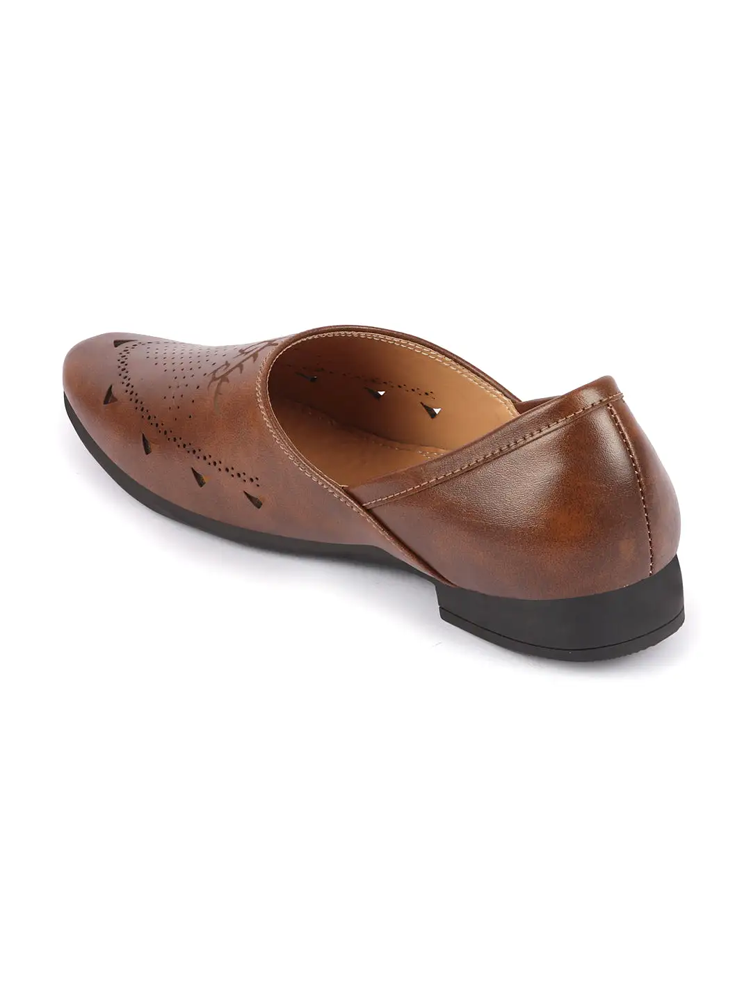 Men Brown Ethnic Wedding Party Laser Cut Perforated Design Slip On Juttis and Mojaris