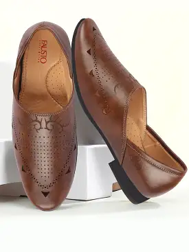 Men Brown Ethnic Wedding Party Laser Cut Perforated Design Slip On Juttis and Mojaris