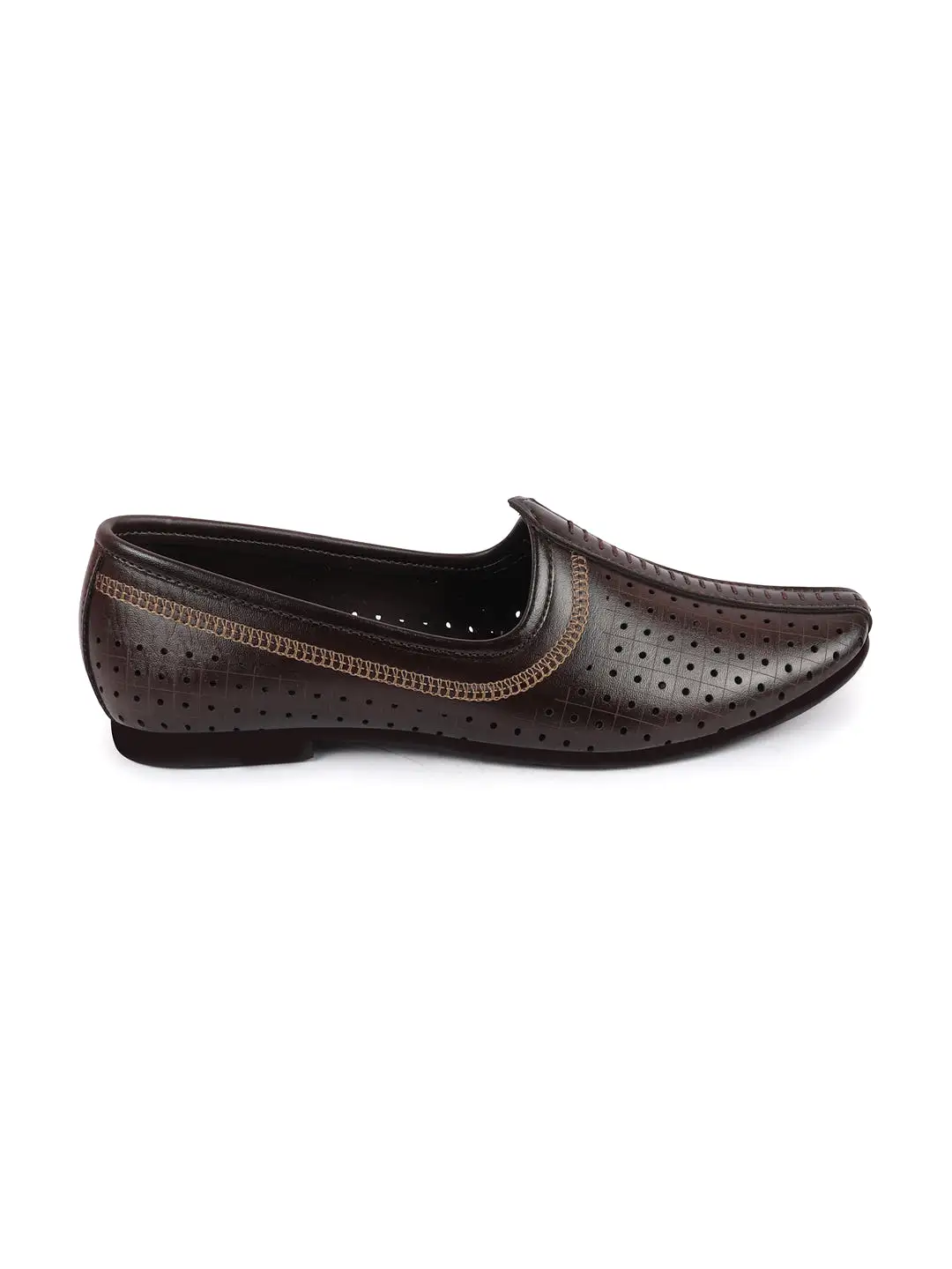 Men Brown Laser Cut Design Stitched Ethnic Party Slip On Juttis and Mojaris