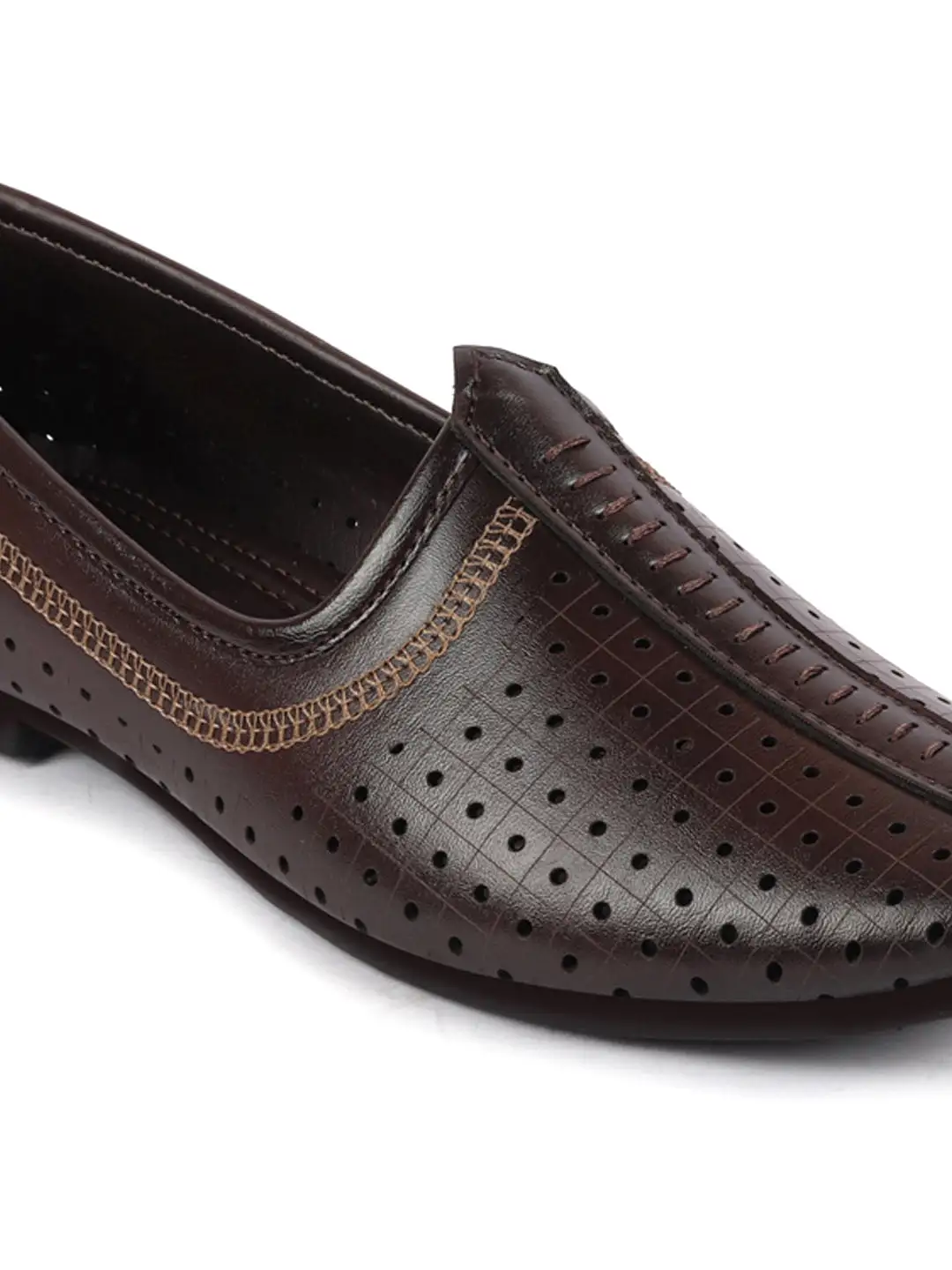 Men Brown Laser Cut Design Stitched Ethnic Party Slip On Juttis and Mojaris