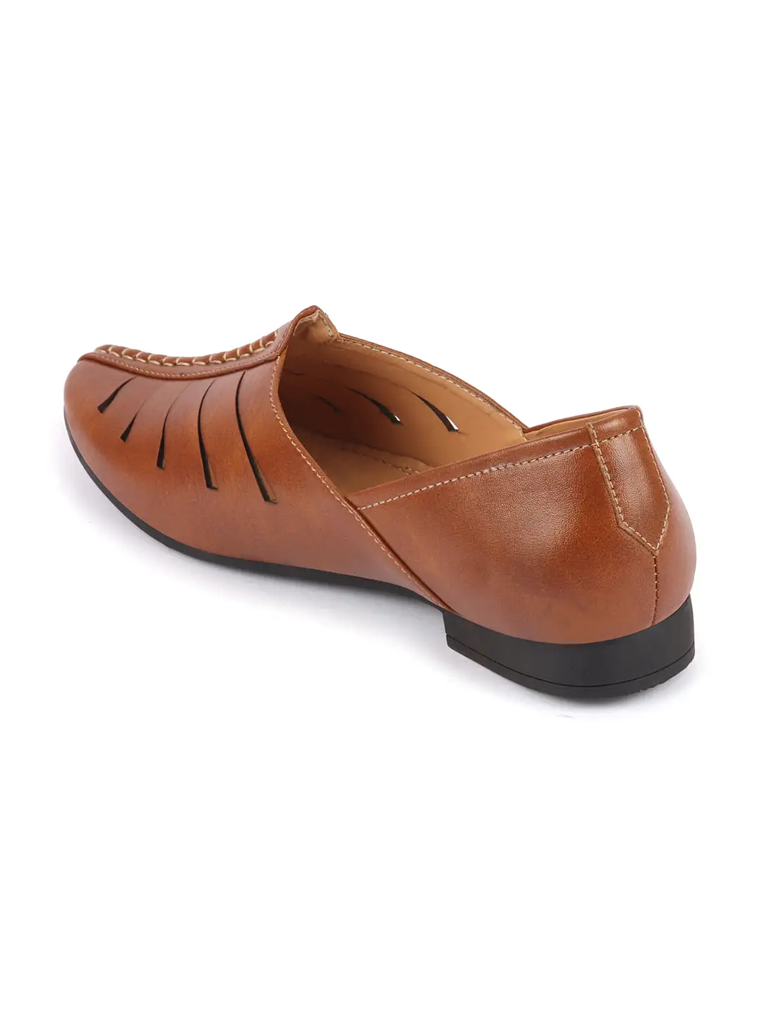 Men Tan Ethnic Wedding Party Laser Cut Design Slip On Juttis and Mojaris