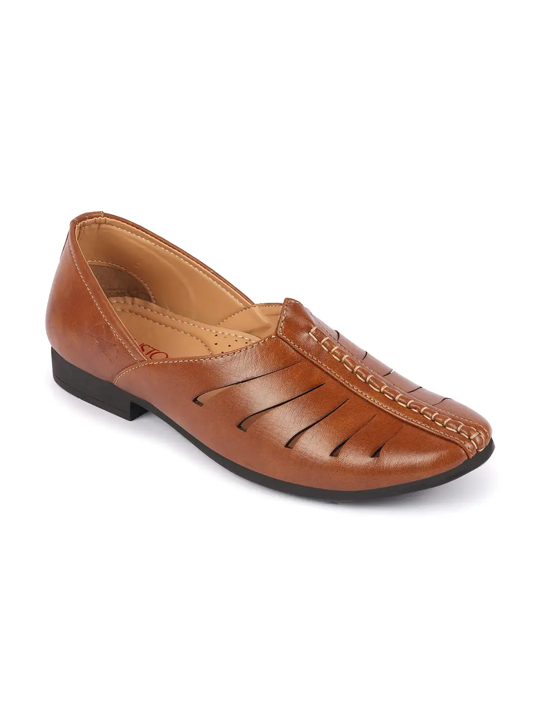 Men Tan Ethnic Wedding Party Laser Cut Design Slip On Juttis and Mojaris