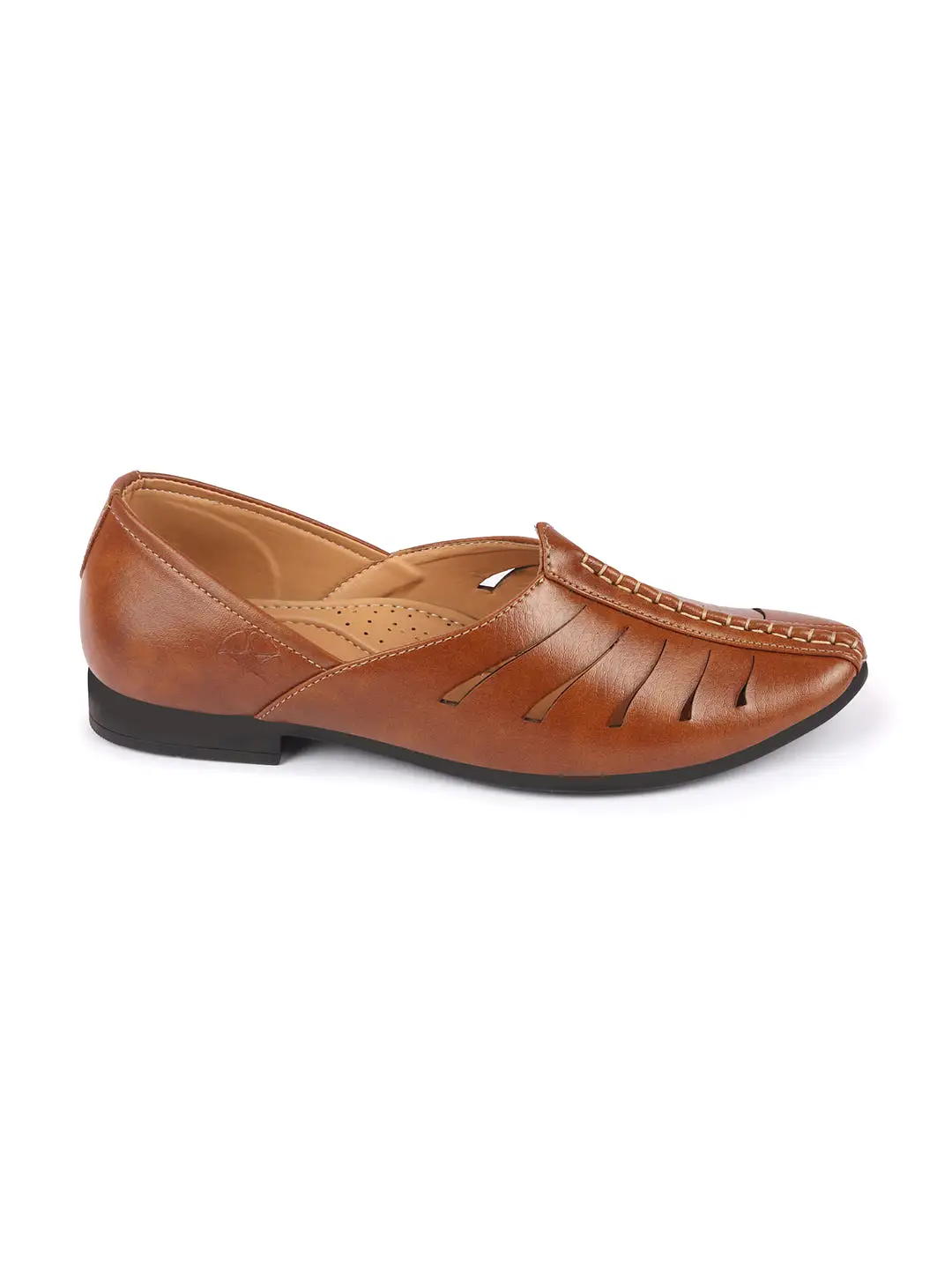 Men Tan Ethnic Wedding Party Laser Cut Design Slip On Juttis and Mojaris