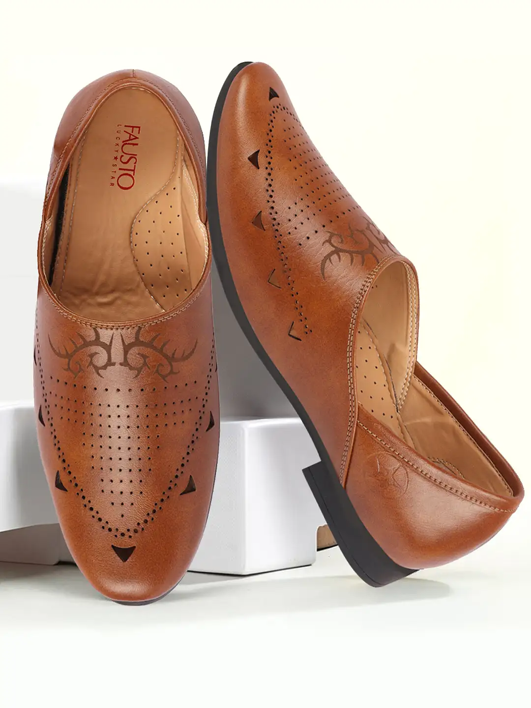 Men Tan Ethnic Wedding Party Laser Cut Perforated Design Slip On Juttis and Mojaris