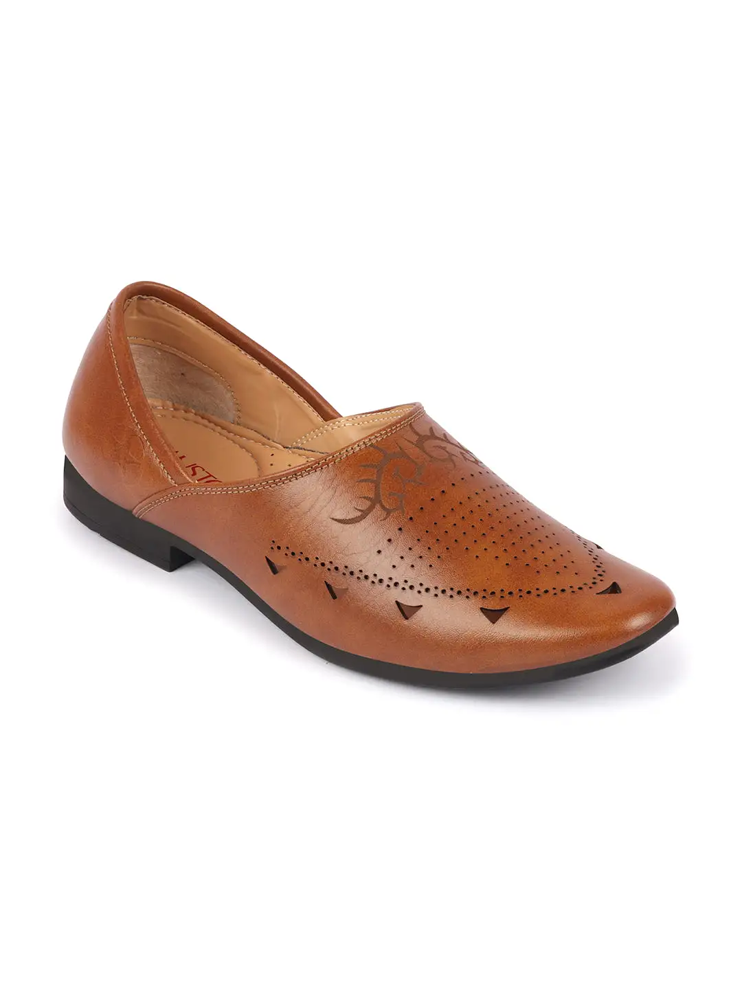 Men Tan Ethnic Wedding Party Laser Cut Perforated Design Slip On Juttis and Mojaris