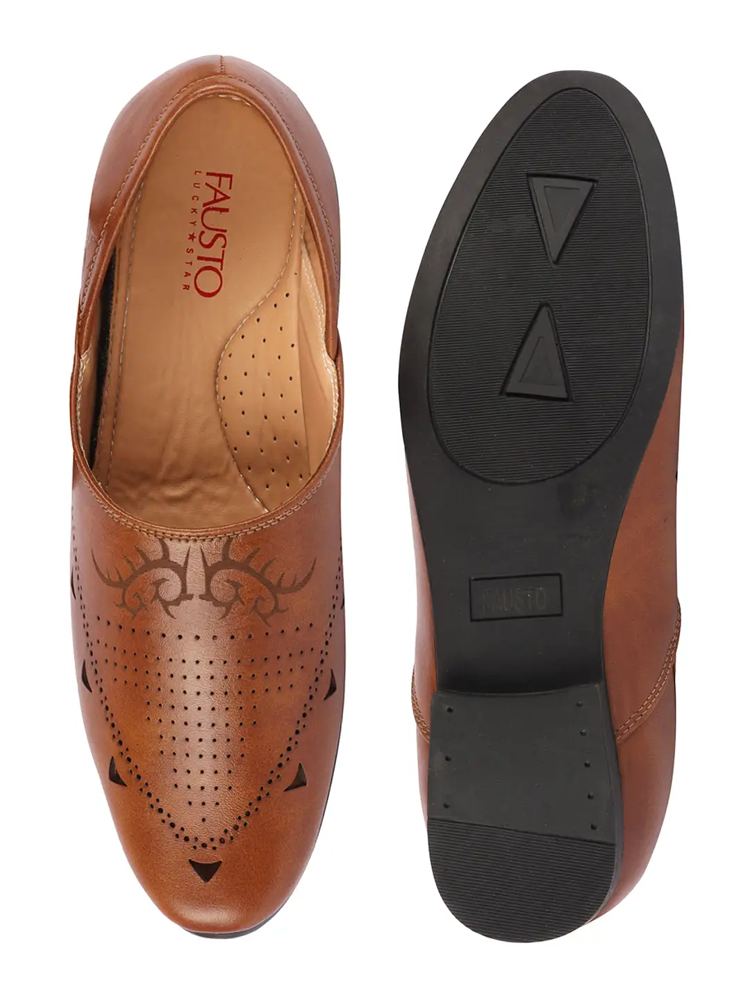 Men Tan Ethnic Wedding Party Laser Cut Perforated Design Slip On Juttis and Mojaris