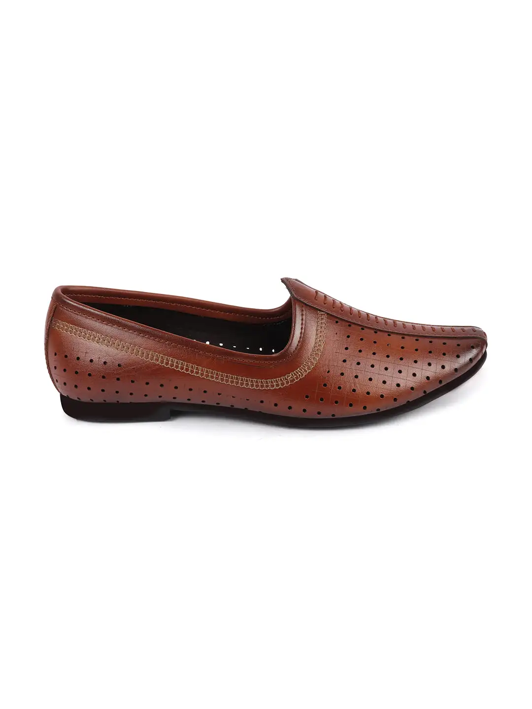 Men Tan Laser Cut Design Stitched Ethnic Party Slip On Juttis and Mojaris