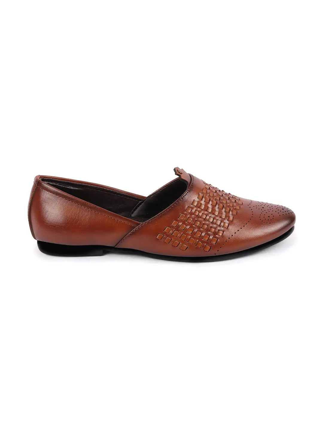 Men Tan Laser Cut Knitted Design Ethnic Wedding Broad Feet Slip On Juttis and Mojaris