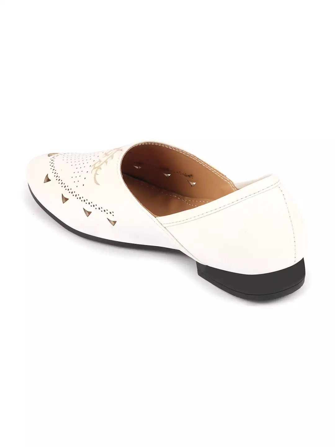 Men White Ethnic Wedding Party Laser Cut Perforated Design Slip On Juttis and Mojaris