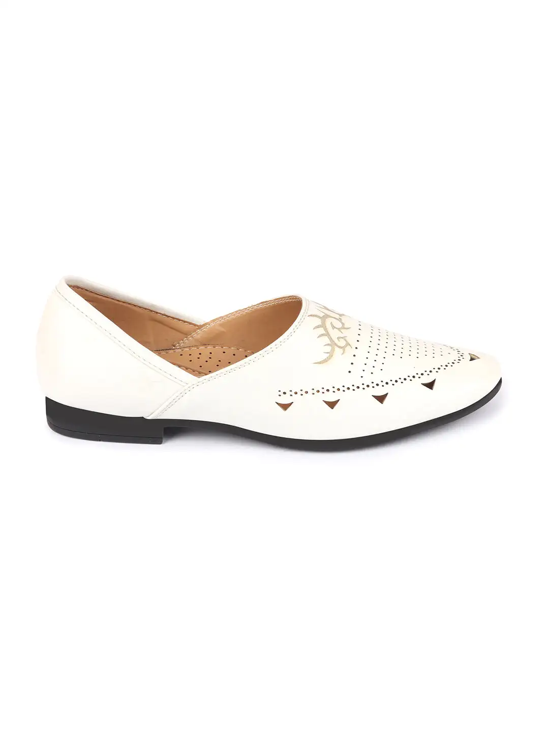 Men White Ethnic Wedding Party Laser Cut Perforated Design Slip On Juttis and Mojaris