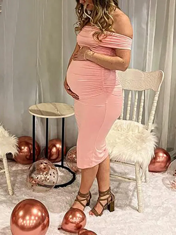 Momnfancy Pink Pleated Ruched Off Shoulder Baby Shower Bodycon Party Maternity Maxi Dress