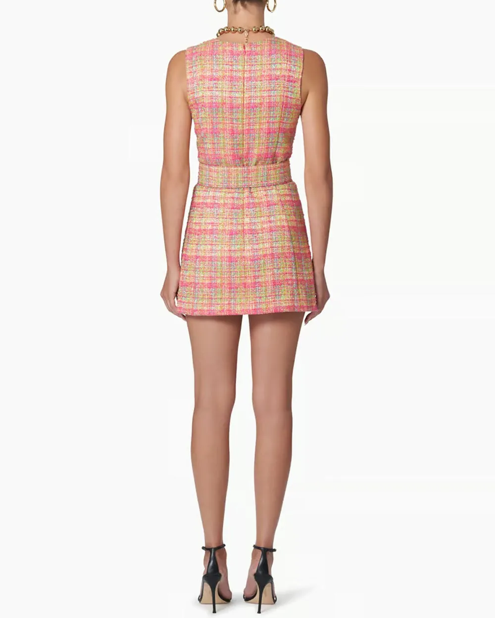 Multicolor Tweed Sleeveless Button Down Mini Dress