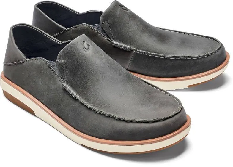 Olukai Mens Kalia Slip-On Leather Boat Shoe- Ash Oiled Leather