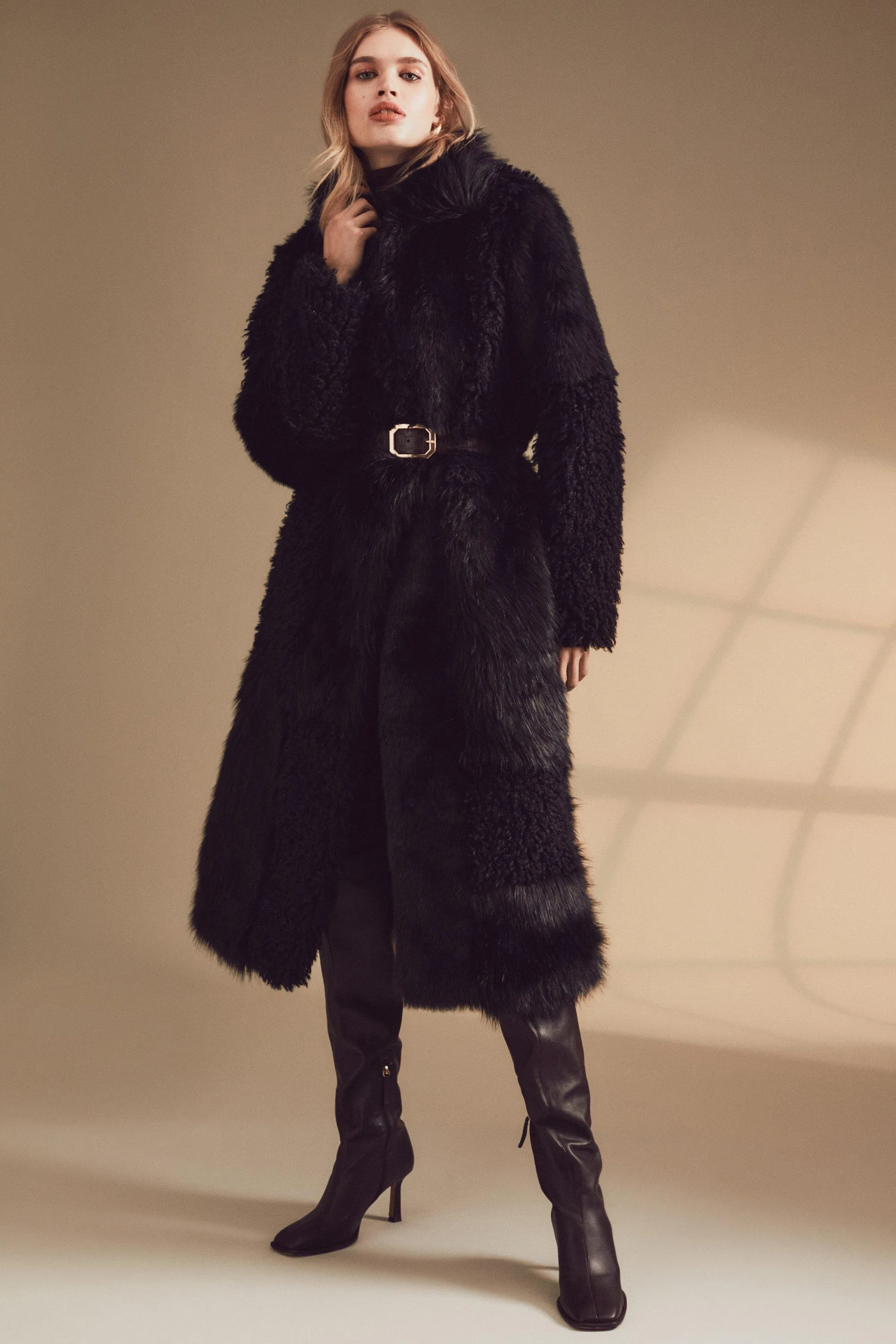 Patched Faux Fur Long Coat | Karen Millen