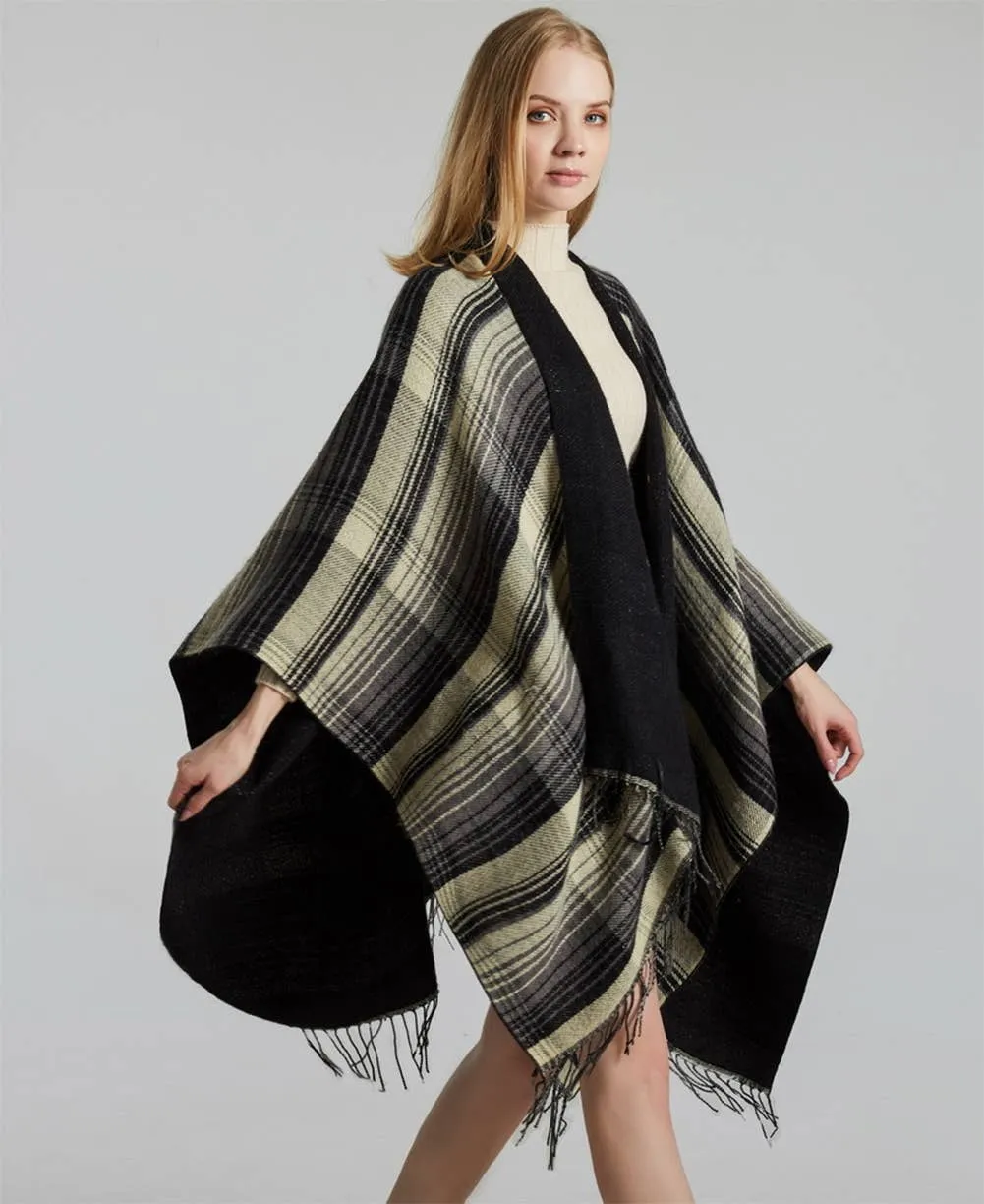 Plaid Knit Reversible Open Front Poncho Wrap with Fringe: Black