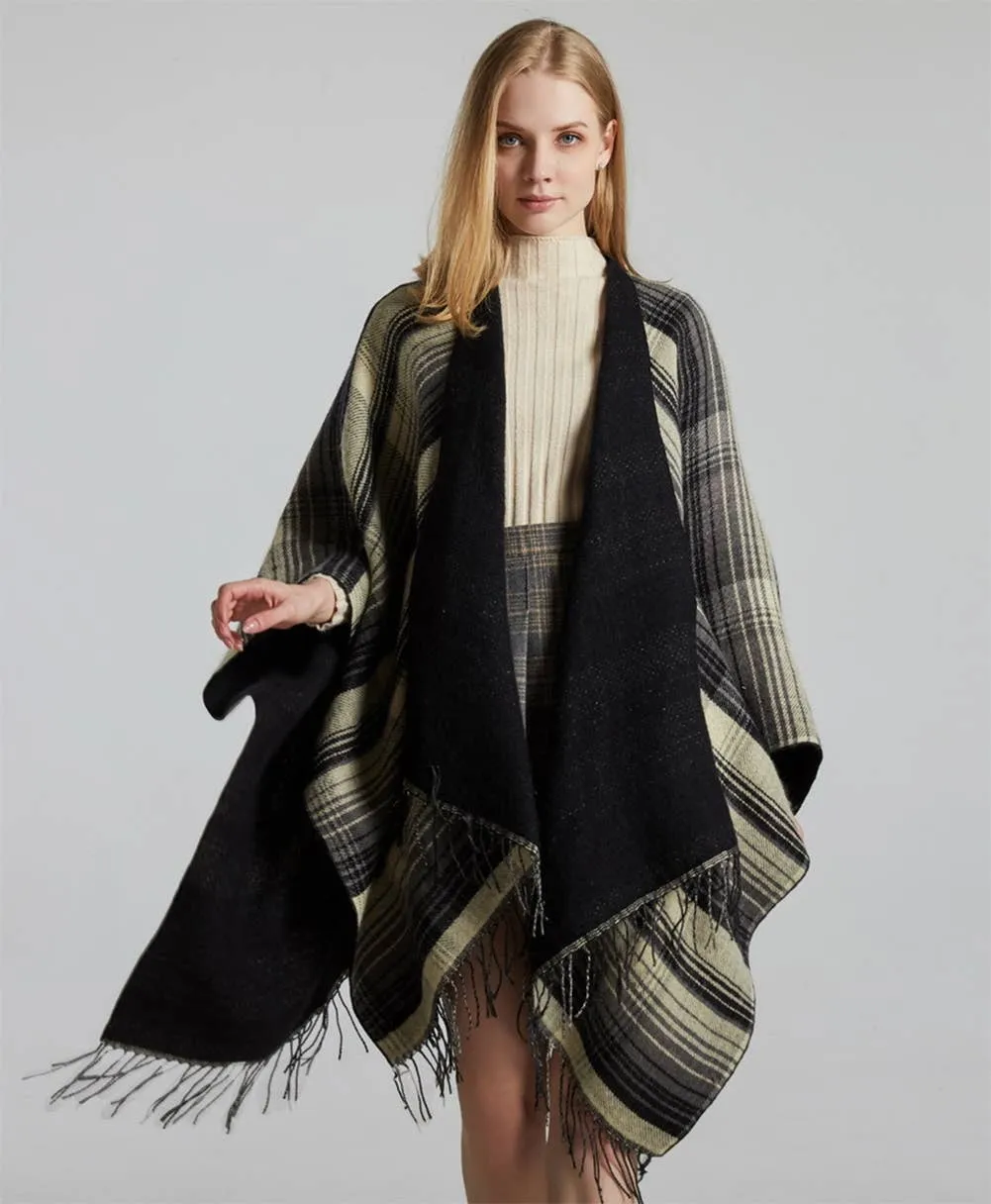 Plaid Knit Reversible Open Front Poncho Wrap with Fringe: Black