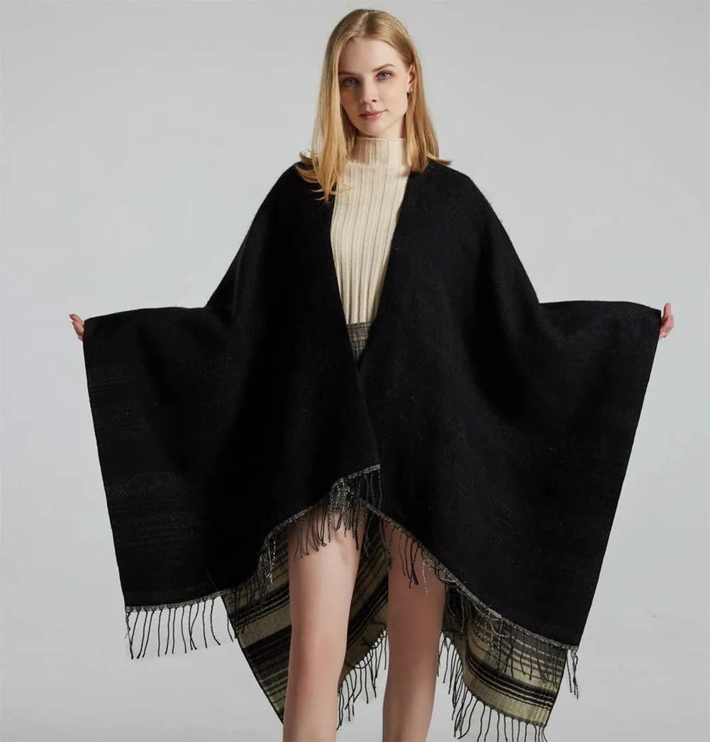 Plaid Knit Reversible Open Front Poncho Wrap with Fringe: Black