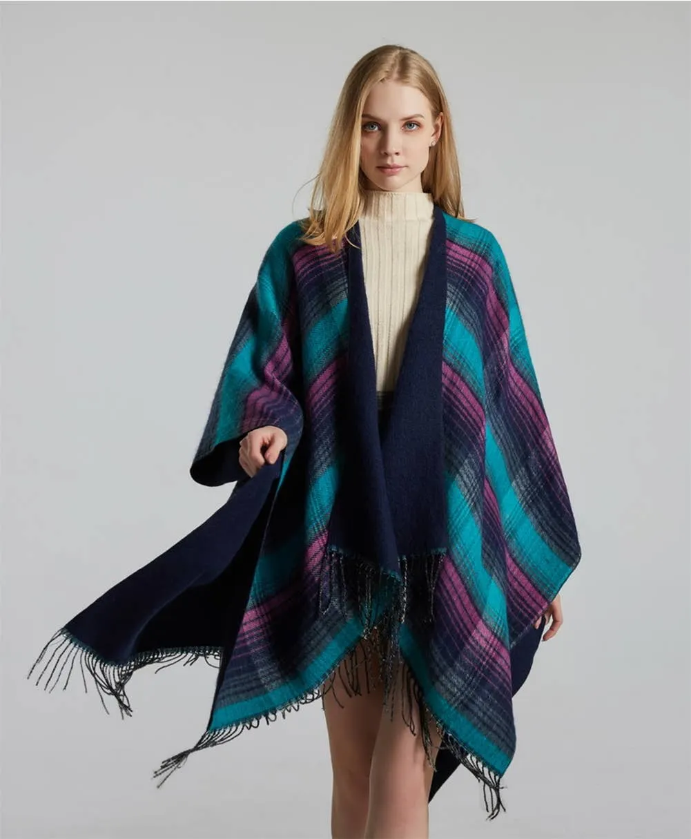 Plaid Knit Reversible Open Front Poncho Wrap with Fringe: Blue