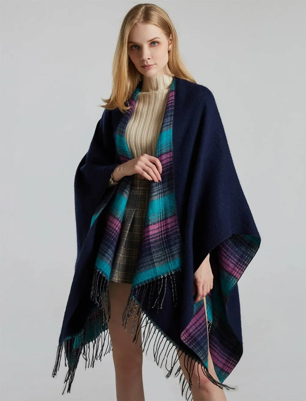 Plaid Knit Reversible Open Front Poncho Wrap with Fringe: Blue